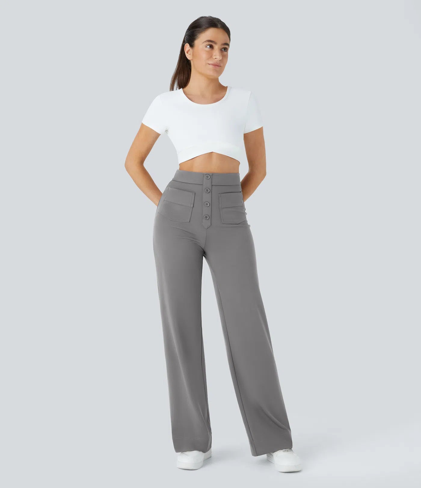 High Waisted Button Multiple Pockets Straight Leg Casual Pants - Gray
