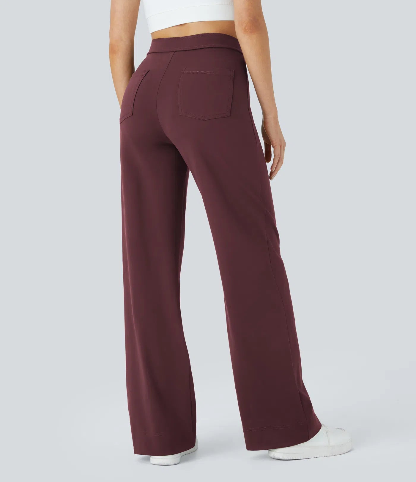 High Waisted Button Multiple Pockets Straight Leg Casual Pants - Wine