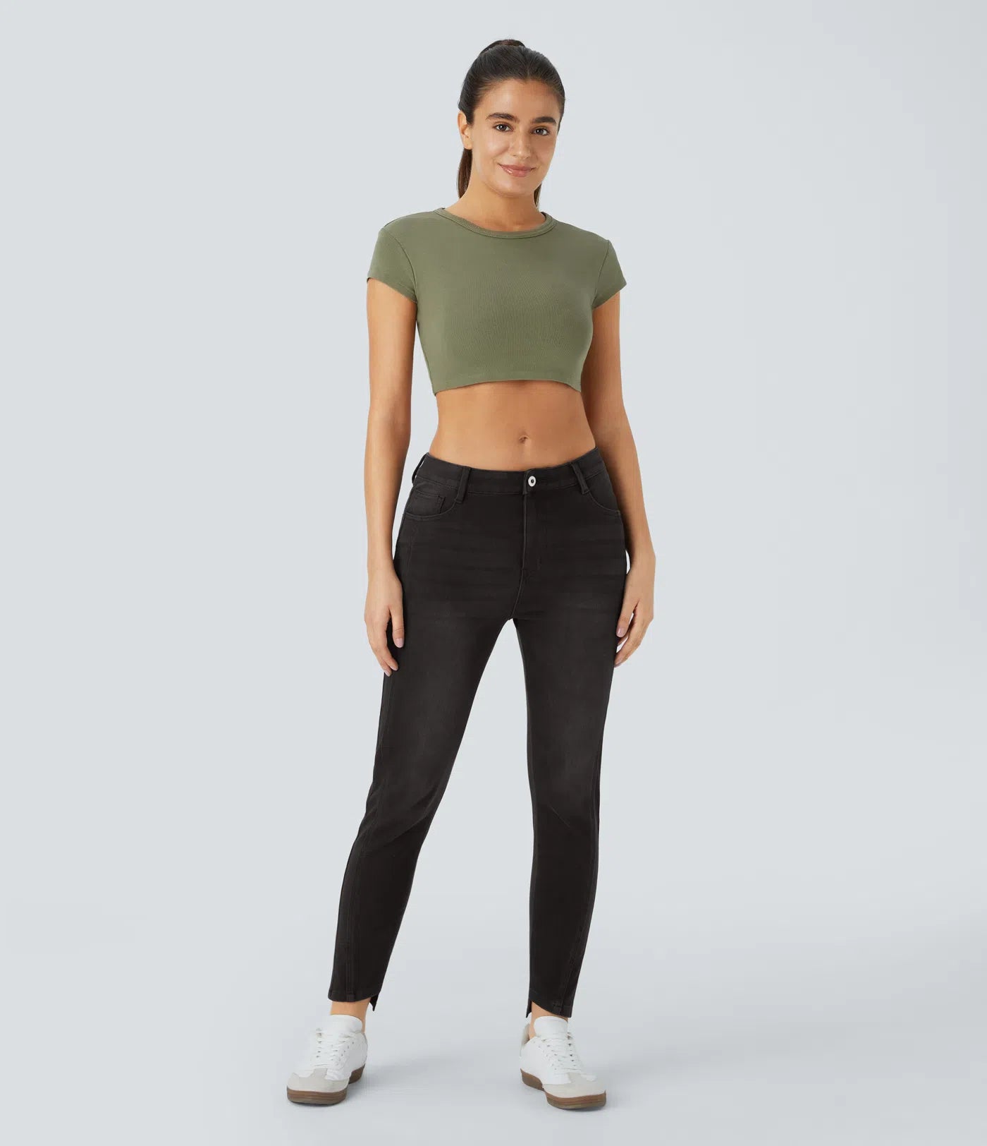 Mid Low Rise Button Zipper Multiple Pockets Stretchy Knit Casual Skinny Jeans - Deep Black Denim