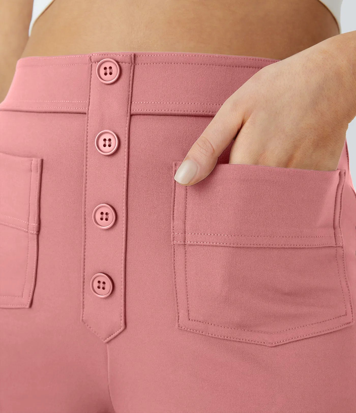 High Waisted Button Multiple Pockets Straight Leg Casual Pants - Pink
