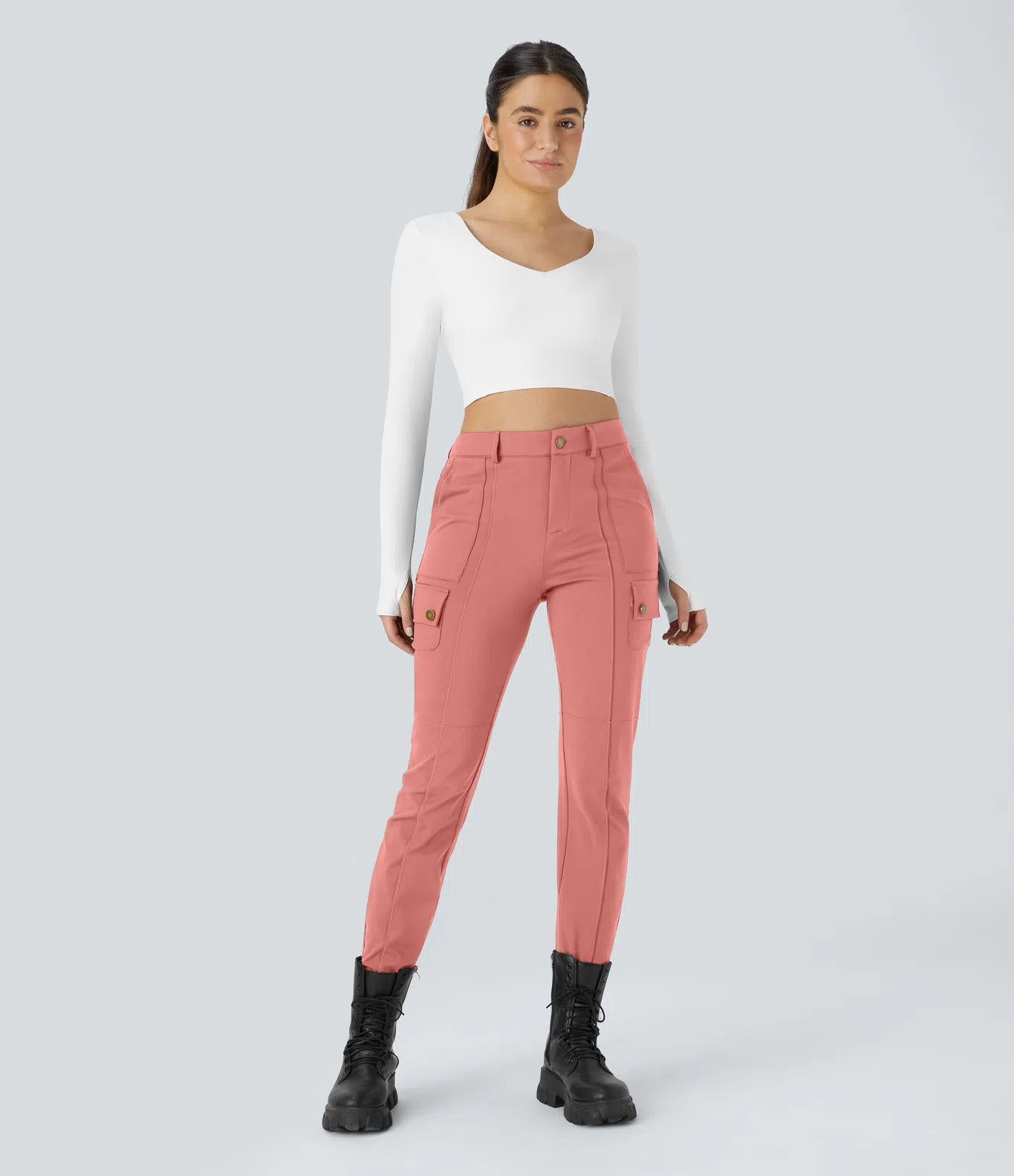 High Waisted Button Zipper Multiple Pockets Solid Skinny Cargo Pants - Pink