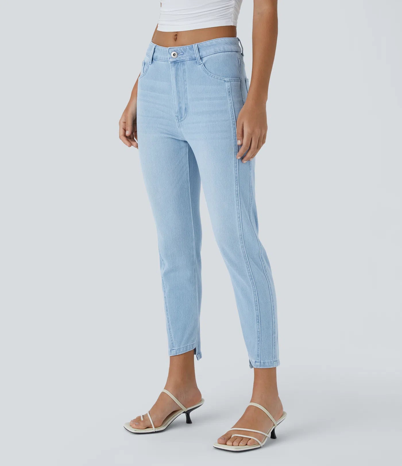 Mid Low Rise Button Zipper Multiple Pockets Stretchy Knit Casual Skinny Jeans - Light Azure Denim
