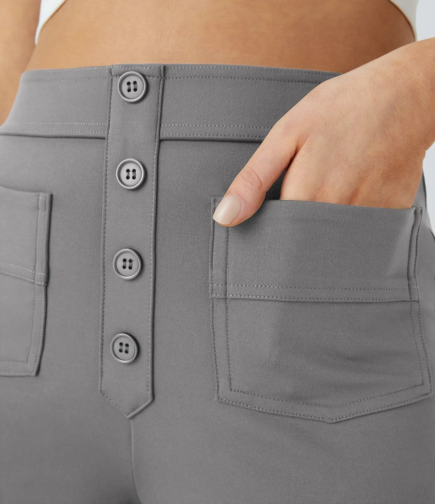 High Waisted Button Multiple Pockets Straight Leg Casual Pants - Gray