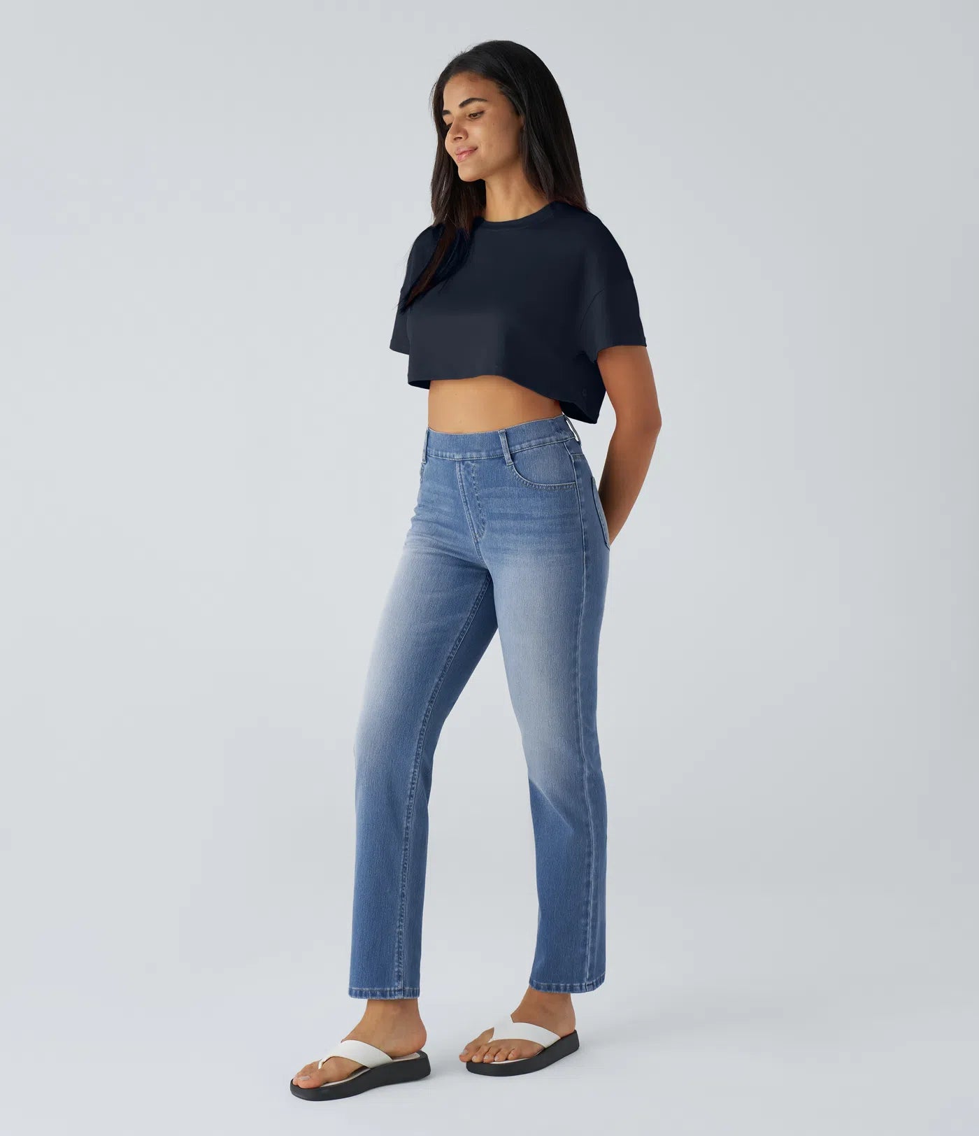 High Waisted Straight Stretchy Knit Casual Jeans - Sea Blue Denim