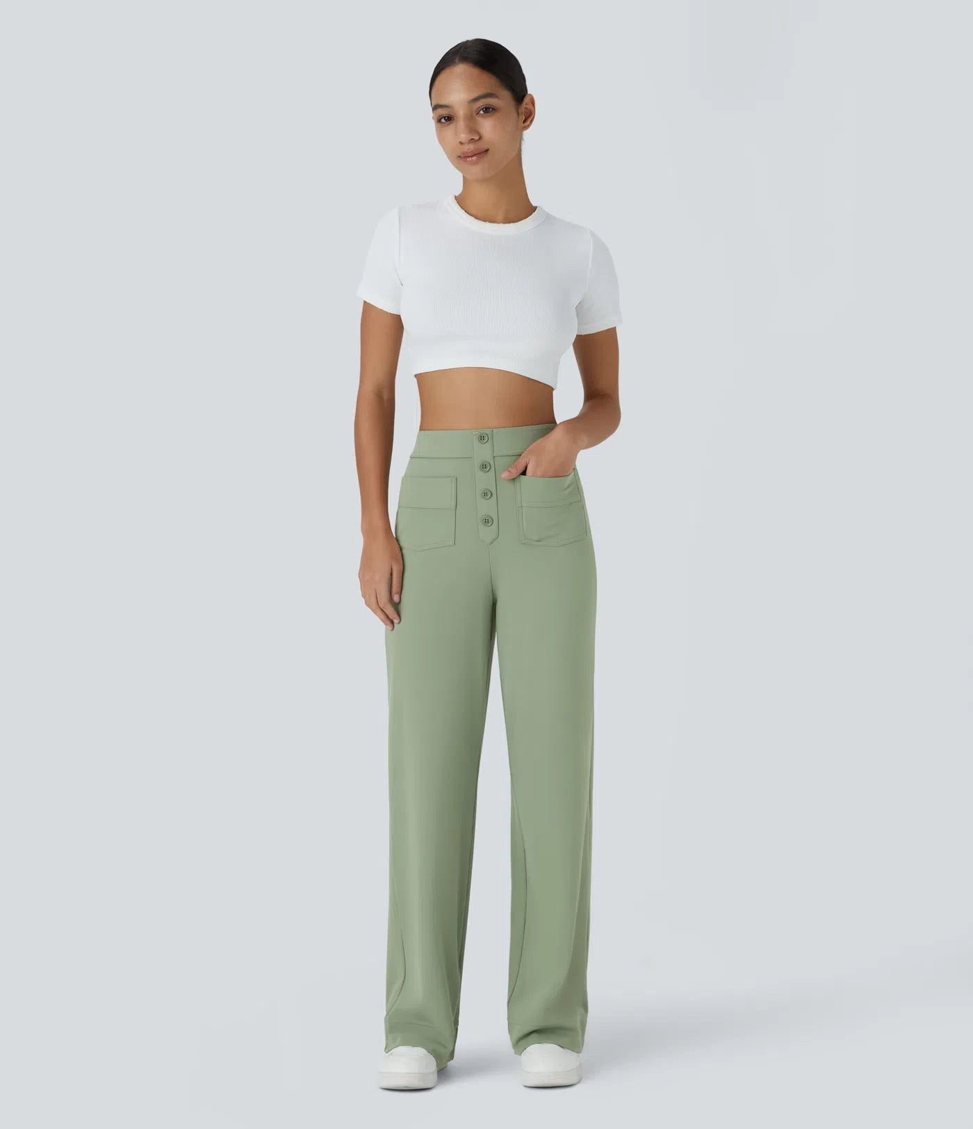 High Waisted Button Multiple Pockets Straight Leg Casual Pants - Pista