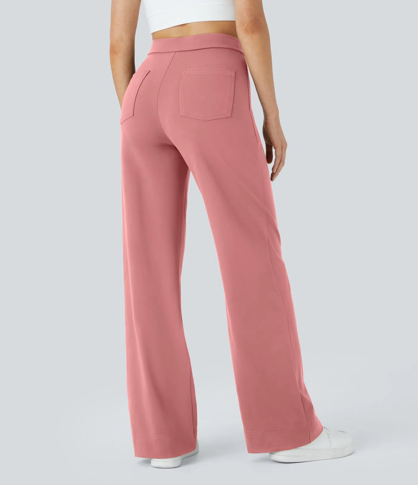 High Waisted Button Multiple Pockets Straight Leg Casual Pants - Pink