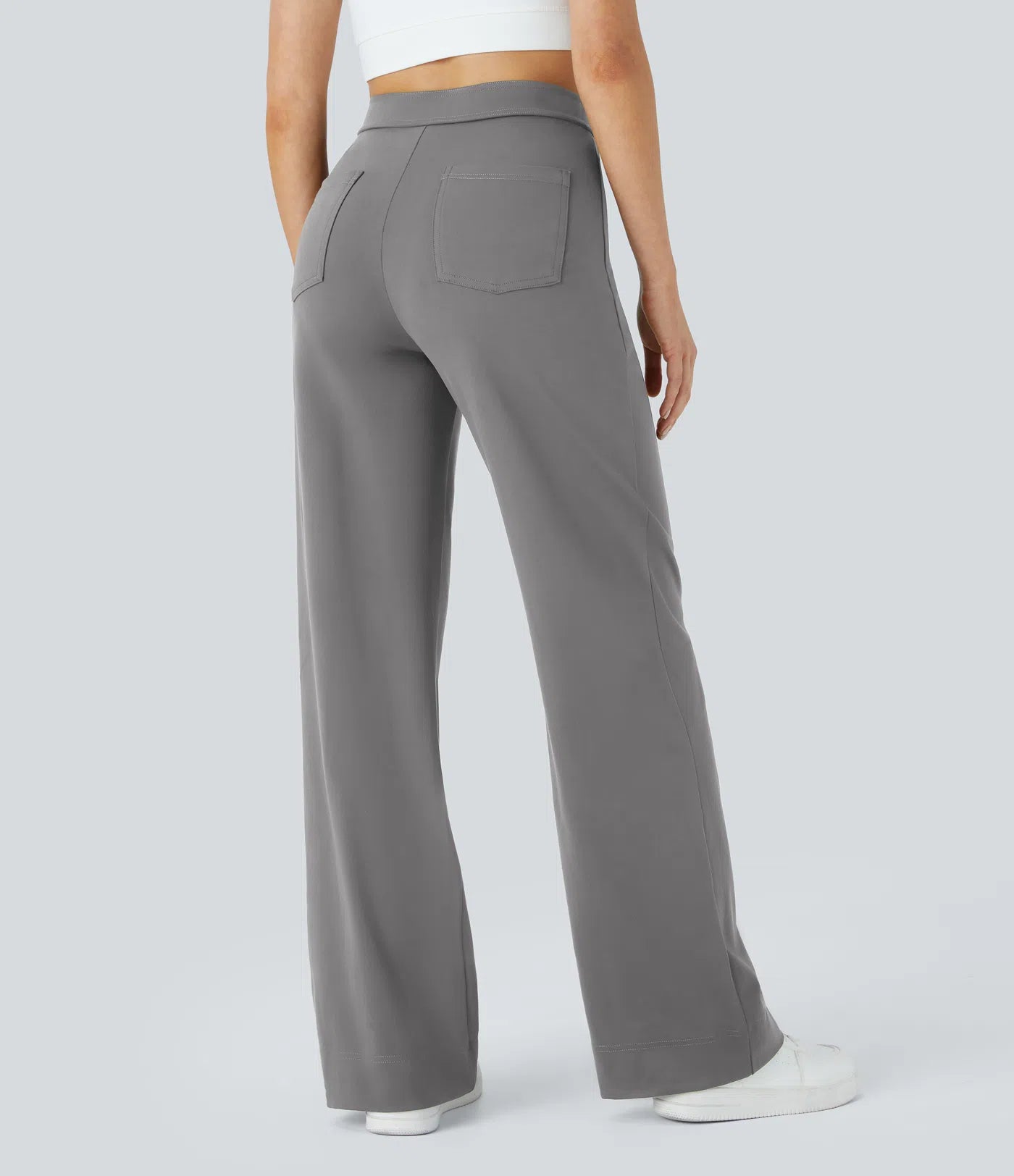 High Waisted Button Multiple Pockets Straight Leg Casual Pants - Gray