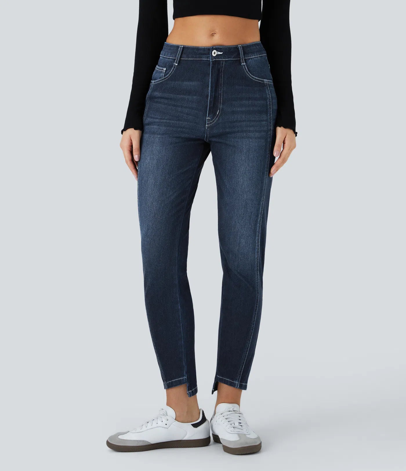 Mid Low Rise Button Zipper Multiple Pockets Stretchy Knit Casual Skinny Jeans - Paint Blue Denim