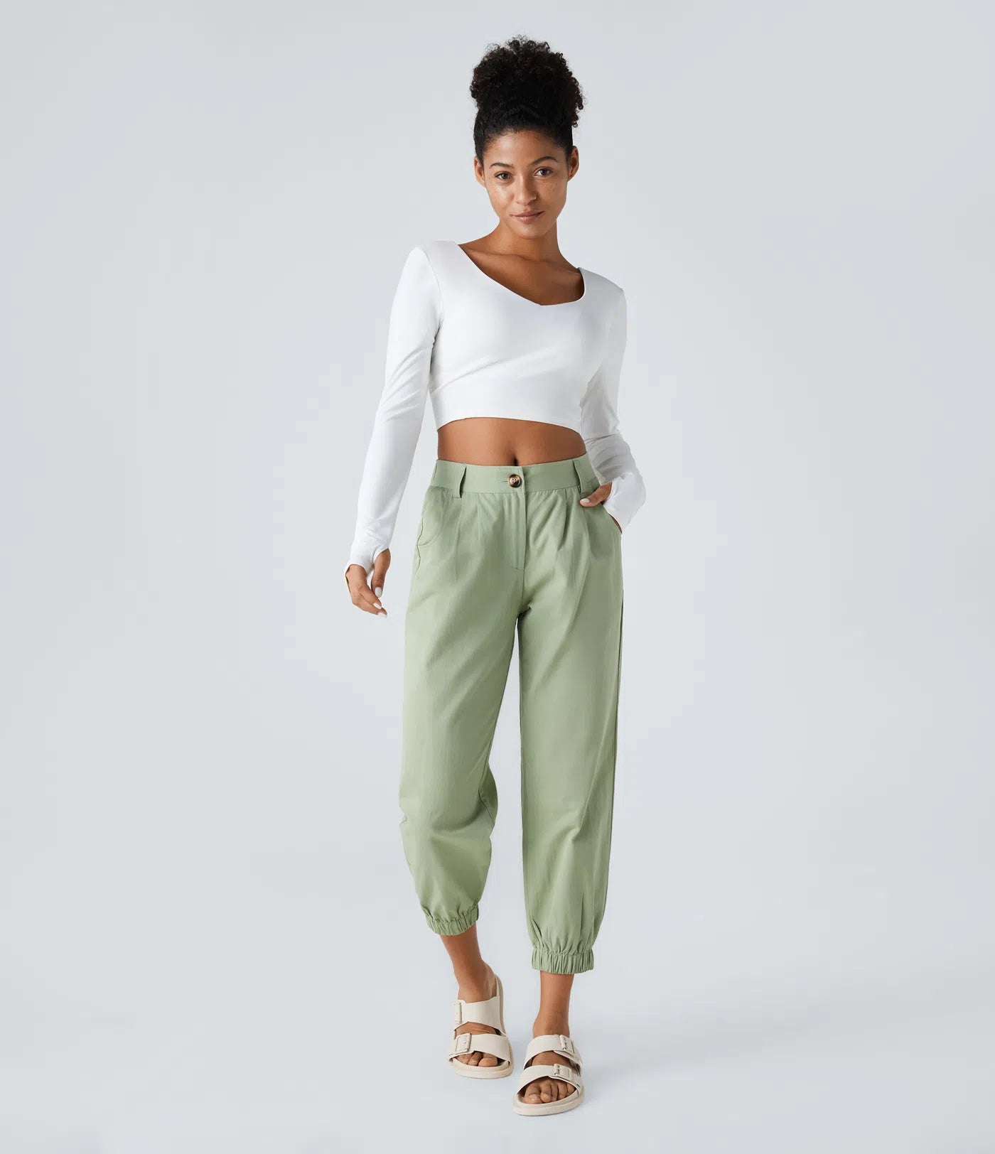 Mid Rise Button Zipper Women Casual Pants - Green