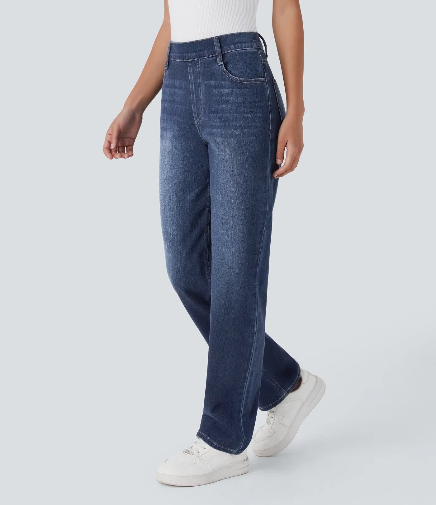 High Waisted Straight Stretchy Knit Casual Jeans - Paint Blue Denim