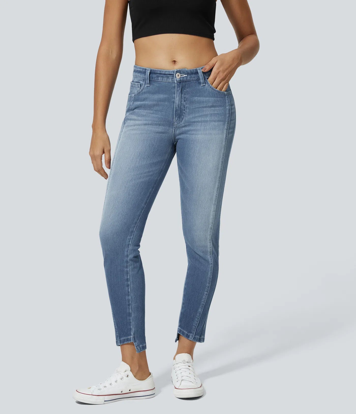 Mid Low Rise Button Zipper Multiple Pockets Stretchy Knit Casual Skinny Jeans - Sea Blue Denim