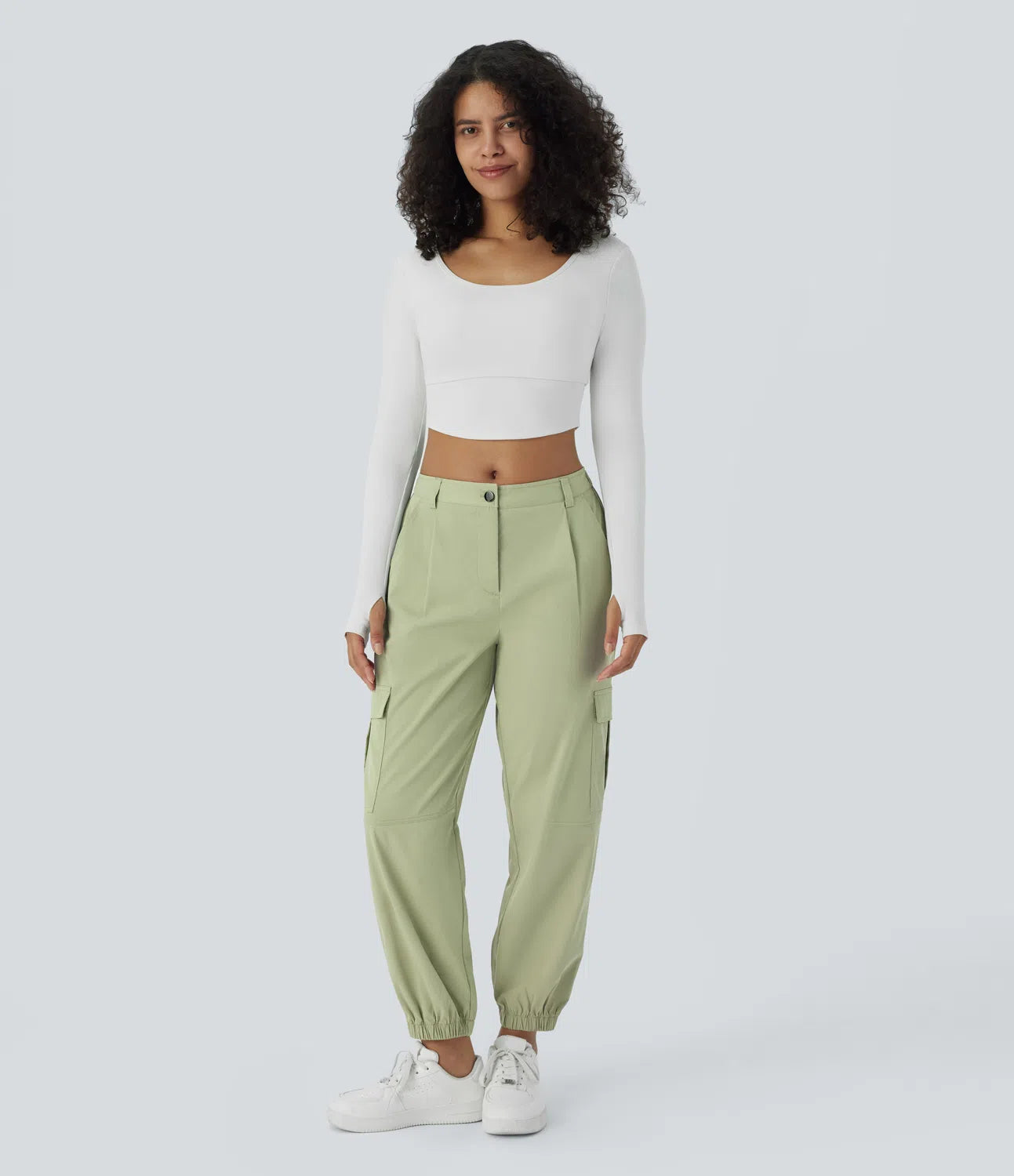 Mid Rise Button Zipper Multiple Pockets Casual Cargo Joggers - Green