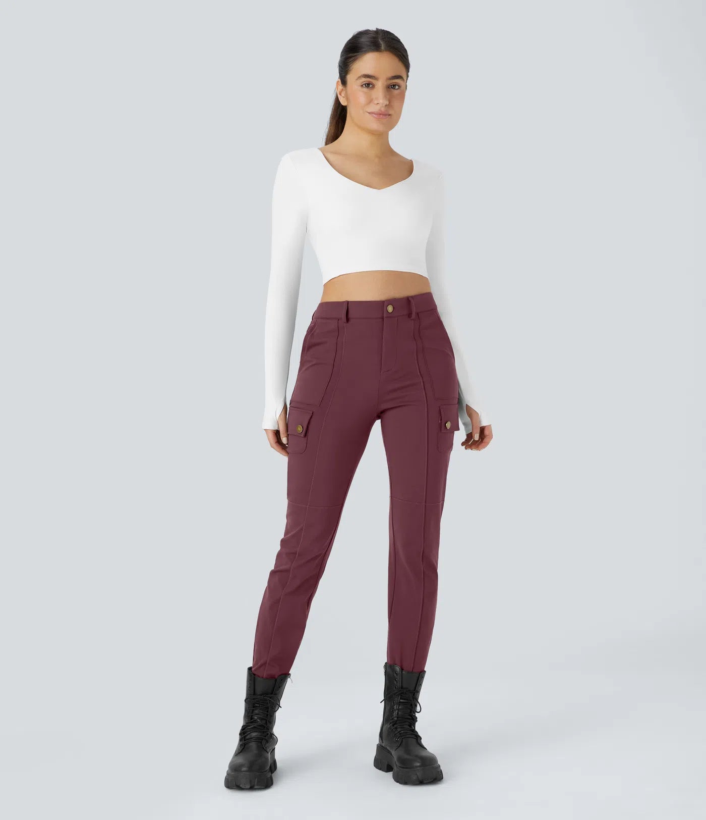 High Waisted Button Zipper Multiple Pockets Solid Skinny Cargo Pants - Wine