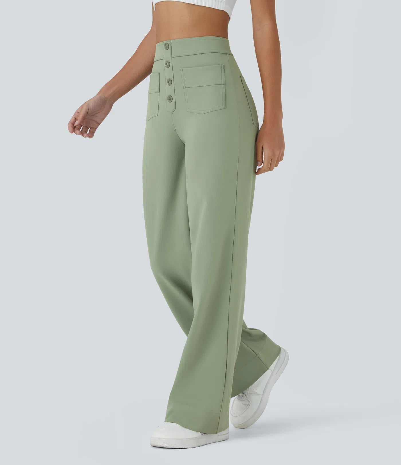 High Waisted Button Multiple Pockets Straight Leg Casual Pants - Pista