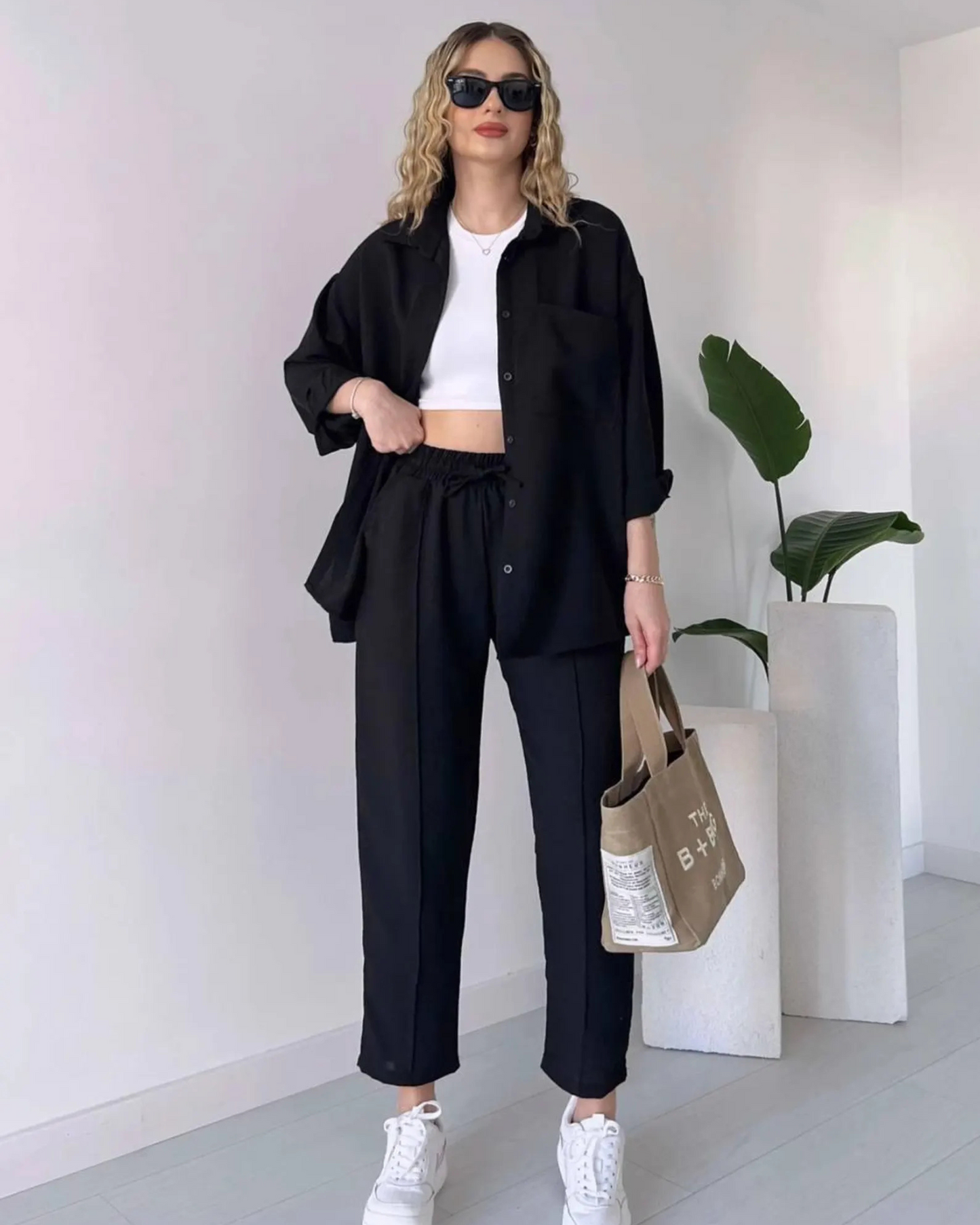 Cotton Linen 2 Piece Set - Black