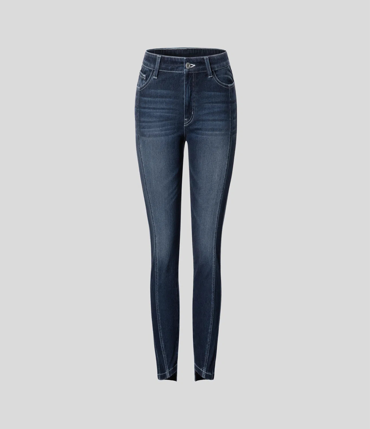 Mid Low Rise Button Zipper Multiple Pockets Stretchy Knit Casual Skinny Jeans - Paint Blue Denim