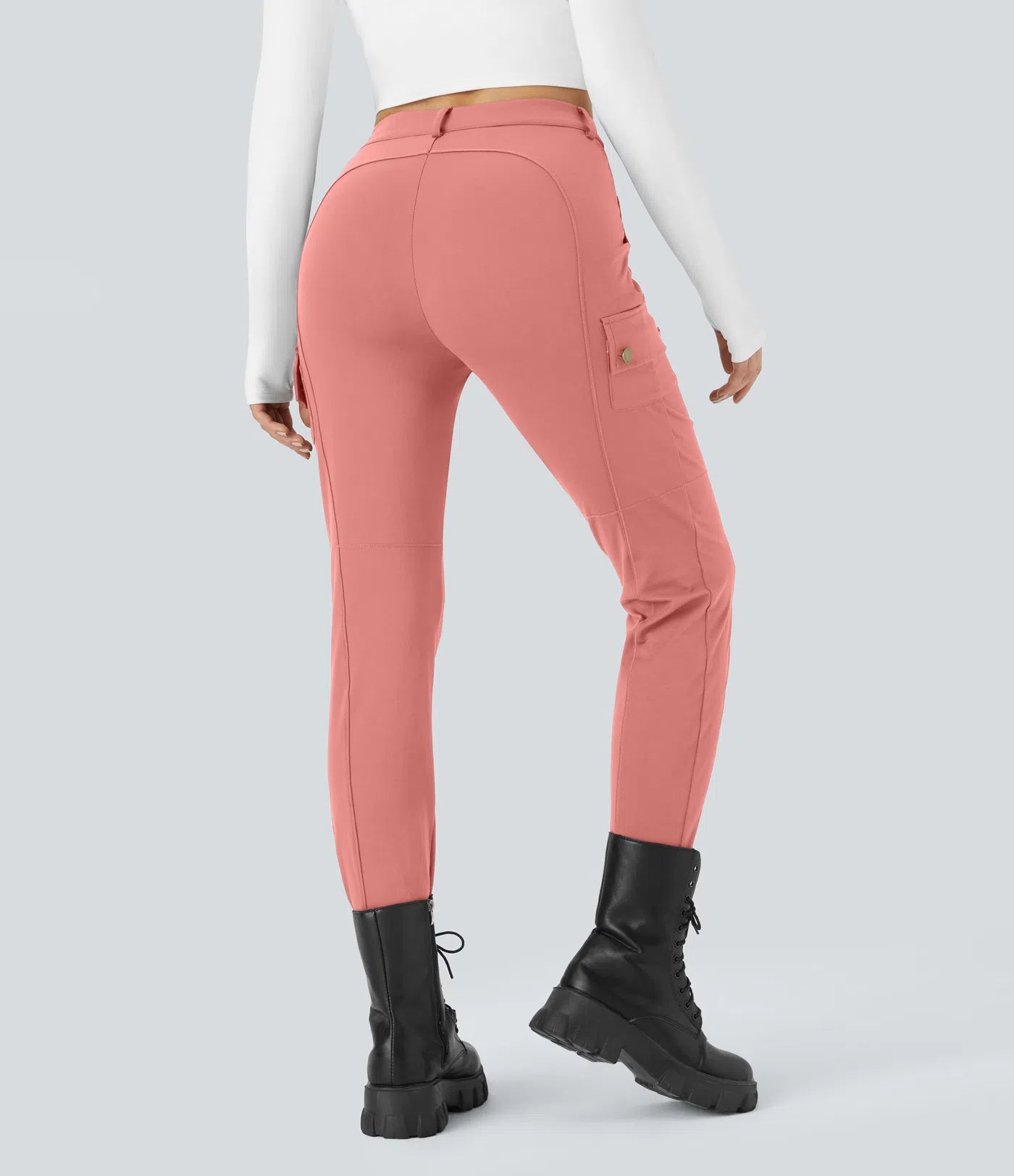 High Waisted Button Zipper Multiple Pockets Solid Skinny Cargo Pants - Pink