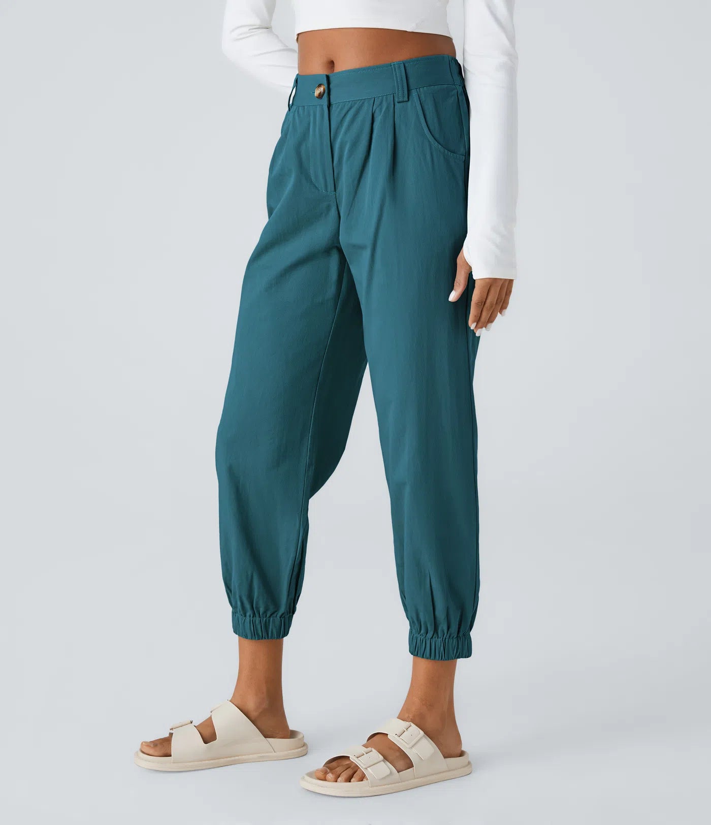 Mid Rise Button Zipper Women Casual Pants - Dark Green