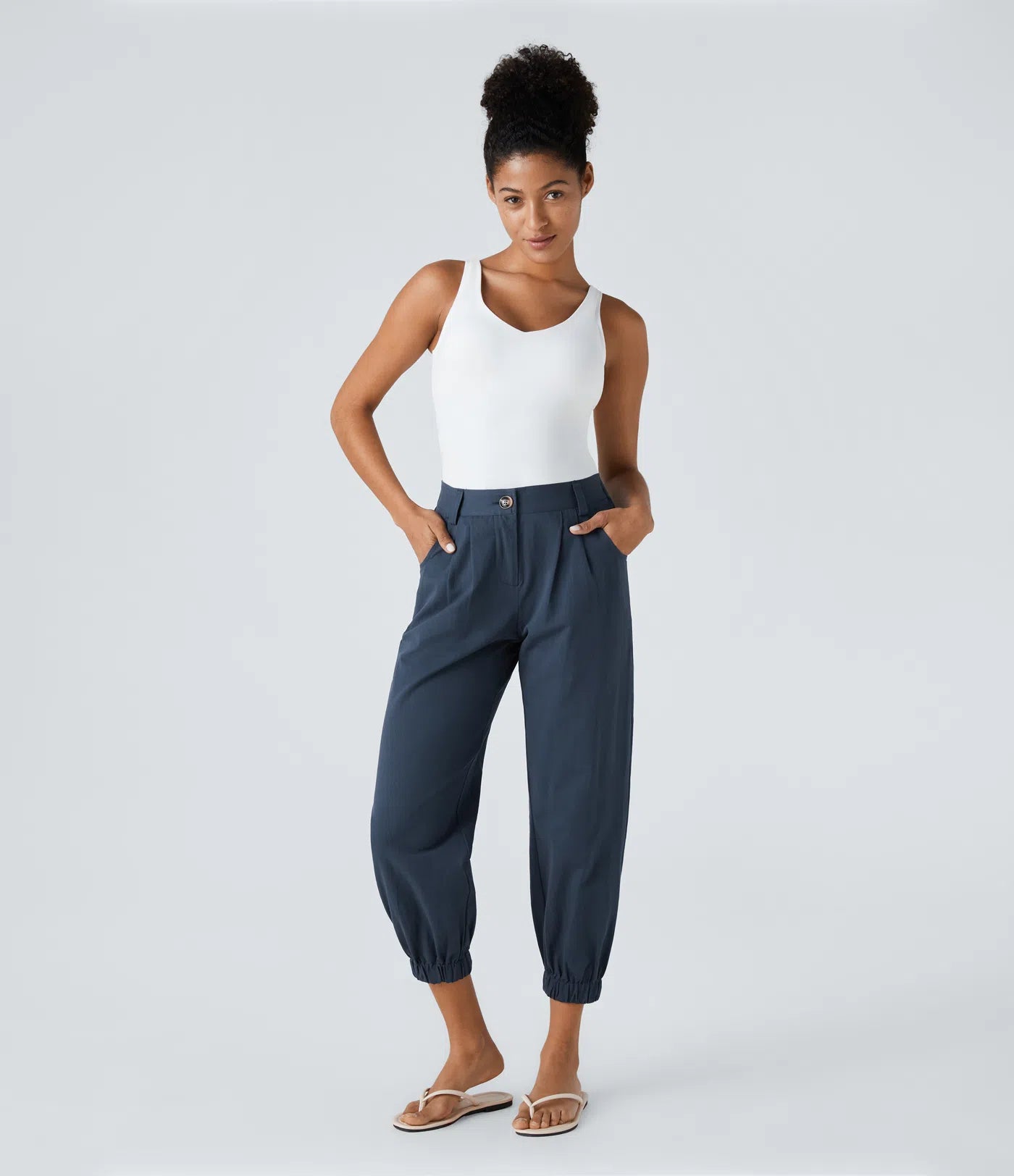 Mid Rise Button Zipper Women Casual Pants - Navy