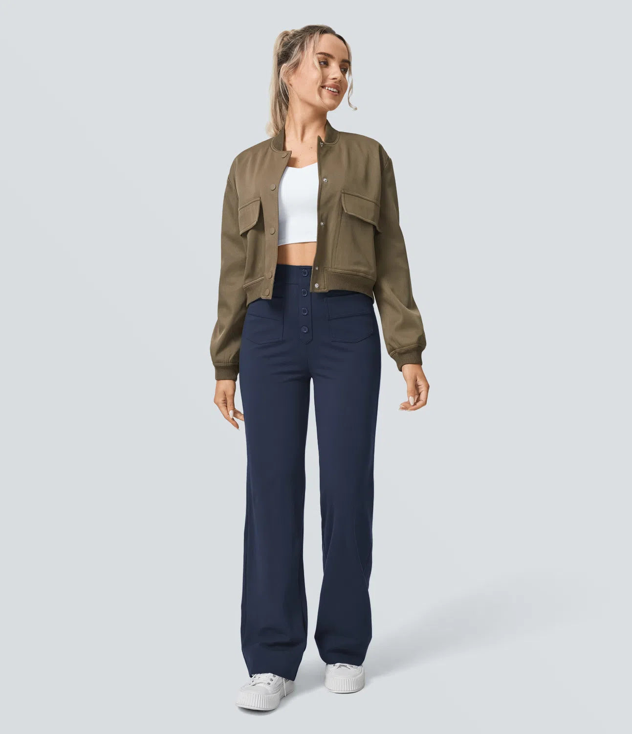 High Waisted Button Multiple Pockets Straight Leg Casual Pants - Navy