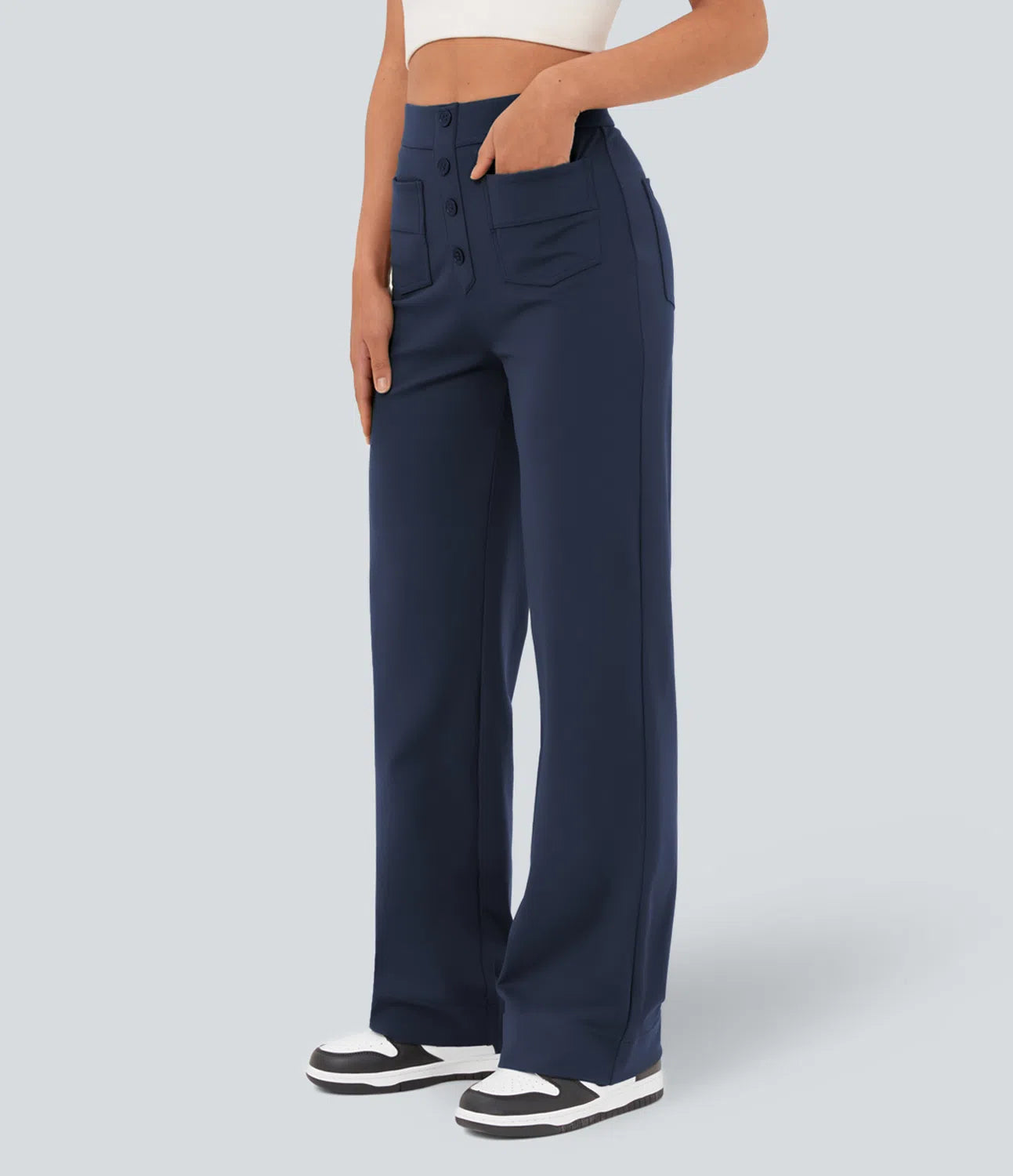High Waisted Button Multiple Pockets Straight Leg Casual Pants - Navy