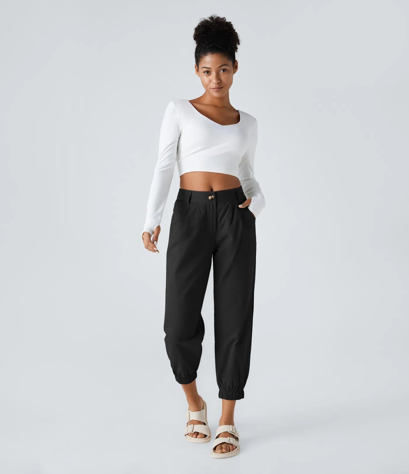 Mid Rise Button Zipper Women Casual Pants - Black