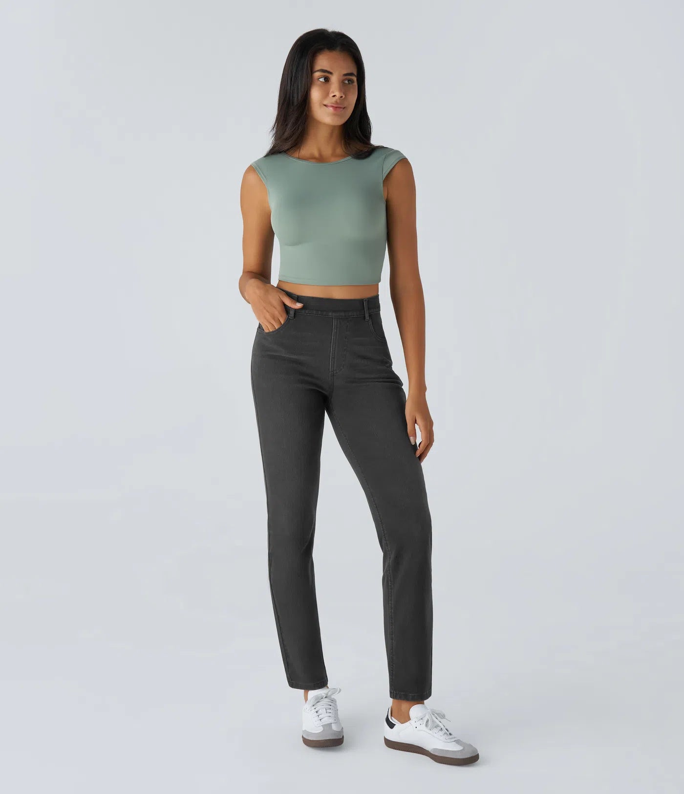 High Waisted Straight Stretchy Knit Casual Jeans - Deep Black Denim