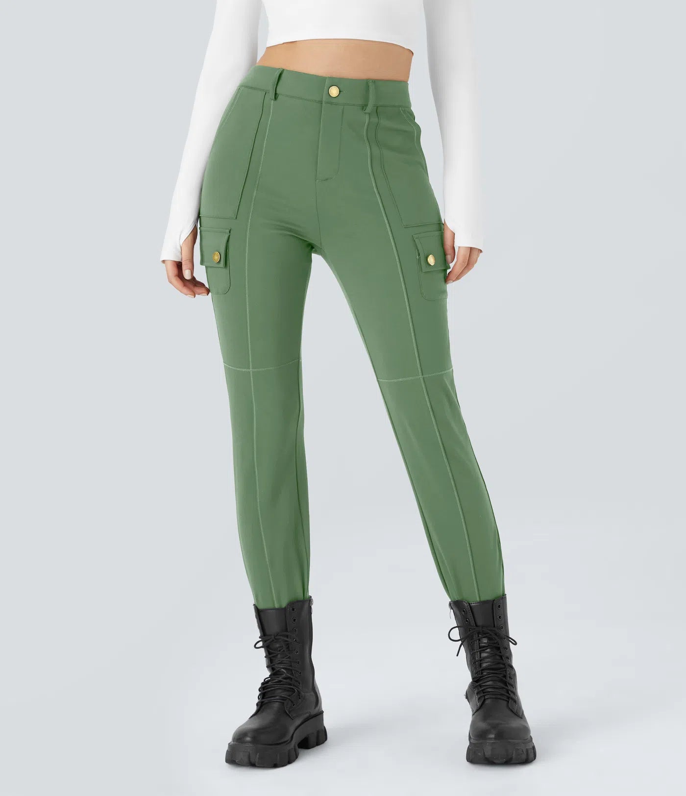 High Waisted Button Zipper Multiple Pockets Solid Skinny Cargo Pants - Green