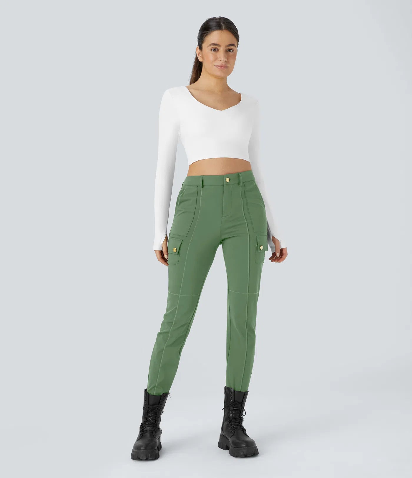 High Waisted Button Zipper Multiple Pockets Solid Skinny Cargo Pants - Green