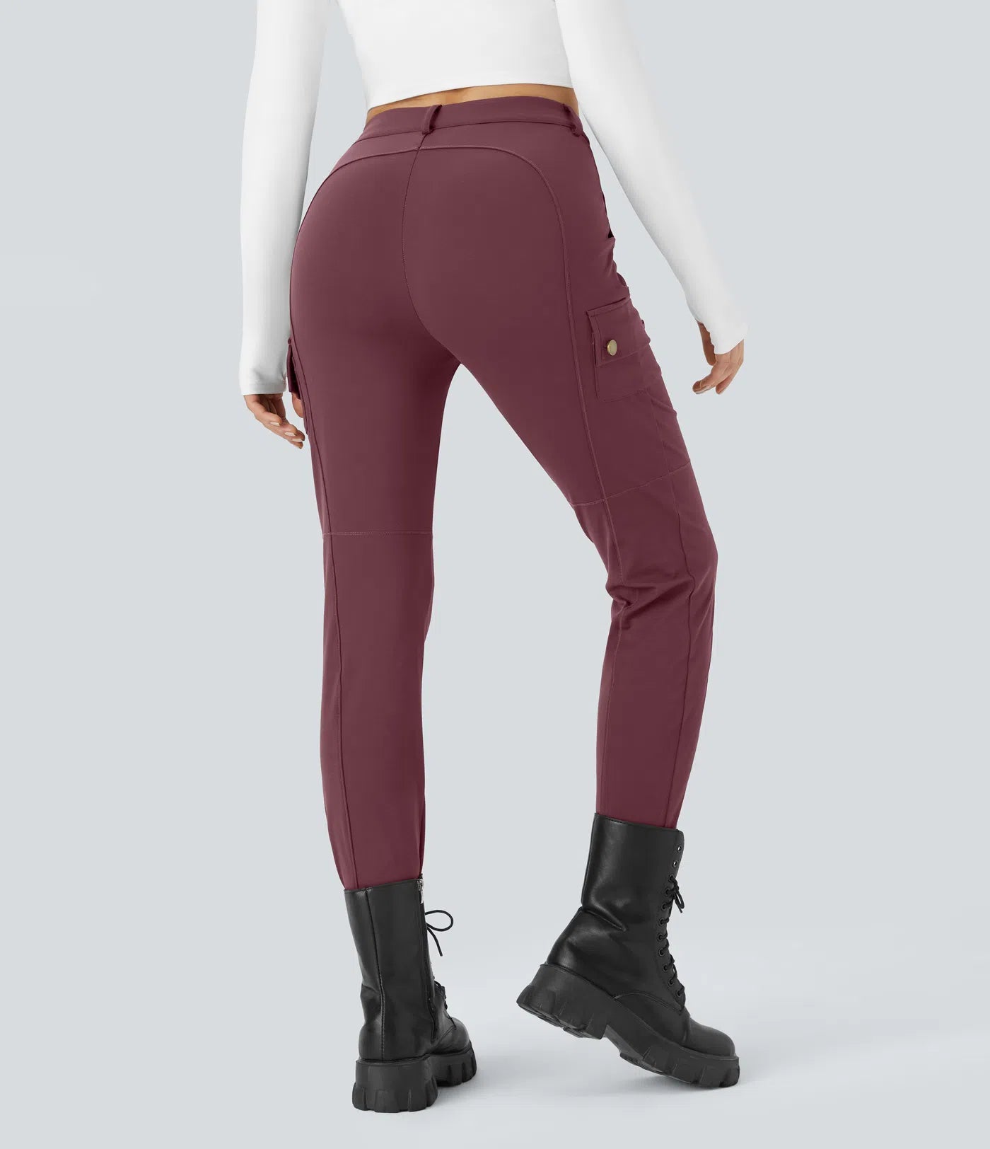 High Waisted Button Zipper Multiple Pockets Solid Skinny Cargo Pants - Wine