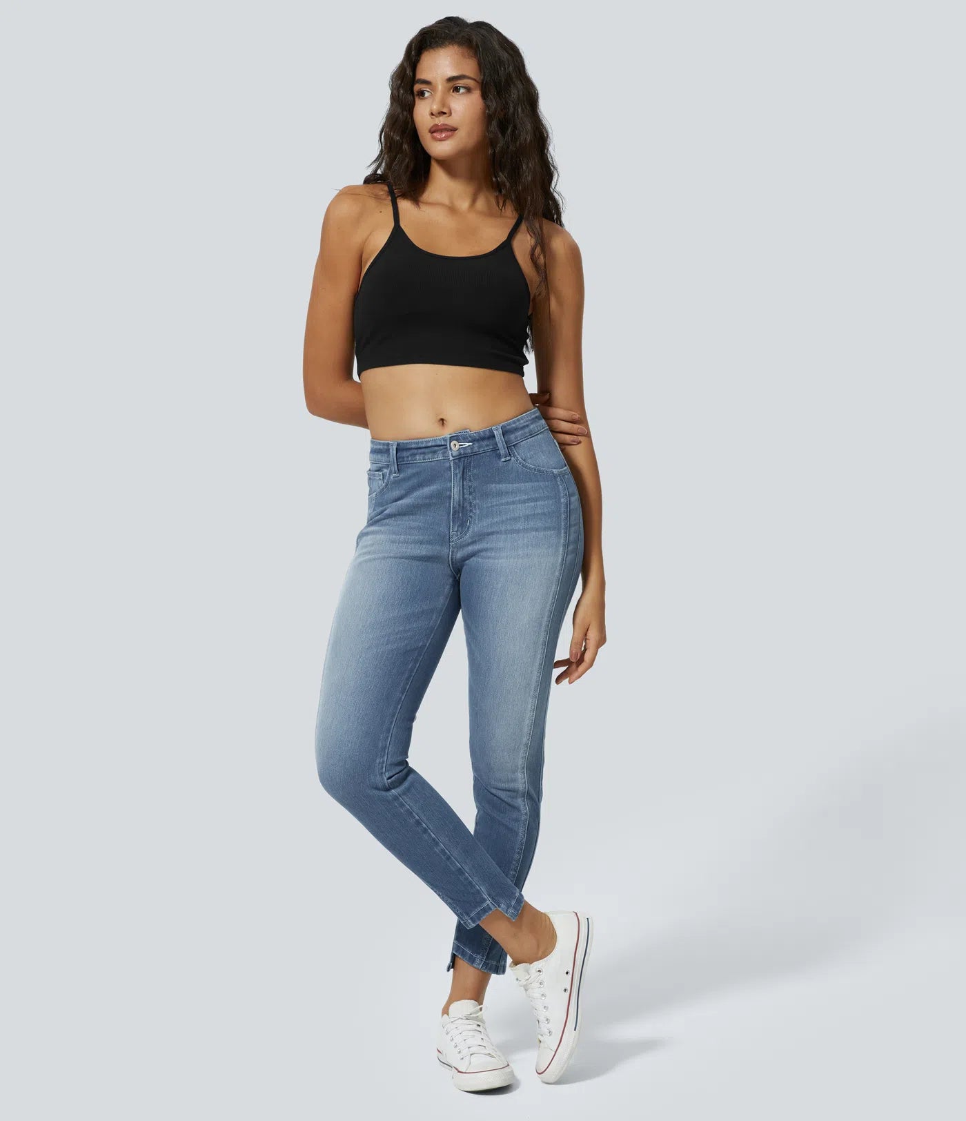 Mid Low Rise Button Zipper Multiple Pockets Stretchy Knit Casual Skinny Jeans - Sea Blue Denim