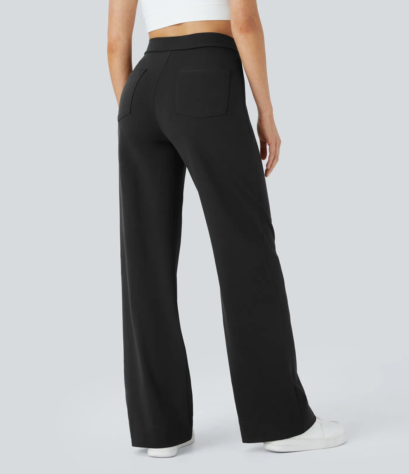 High Waisted Button Multiple Pockets Straight Leg Casual Pants - Black