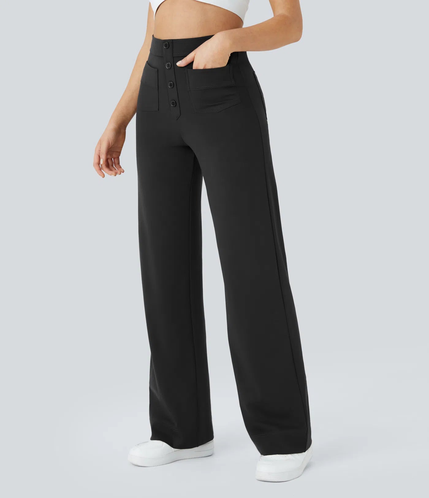 High Waisted Button Multiple Pockets Straight Leg Casual Pants - Black