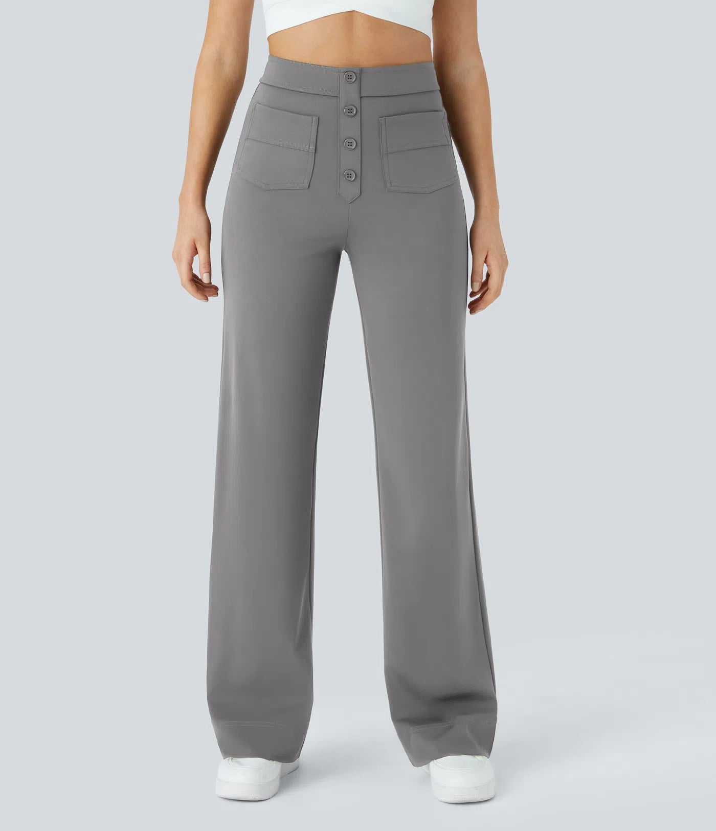 High Waisted Button Multiple Pockets Straight Leg Casual Pants - Gray