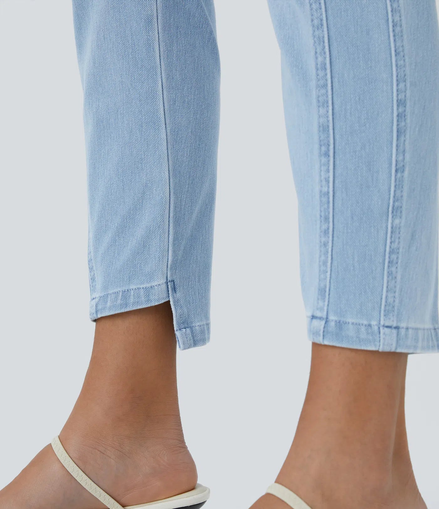 Mid Low Rise Button Zipper Multiple Pockets Stretchy Knit Casual Skinny Jeans - Light Azure Denim