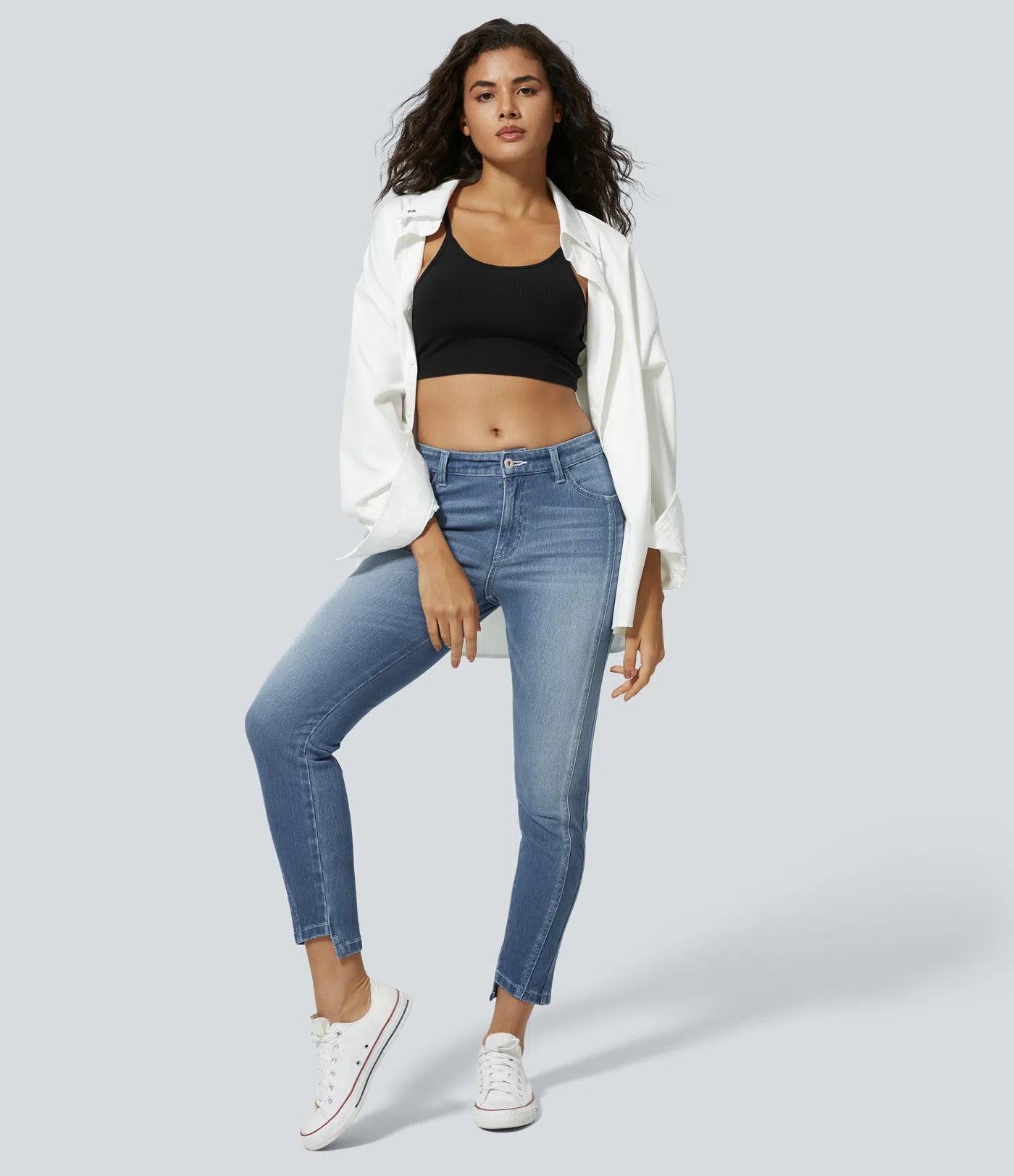 Mid Low Rise Button Zipper Multiple Pockets Stretchy Knit Casual Skinny Jeans - Sea Blue Denim