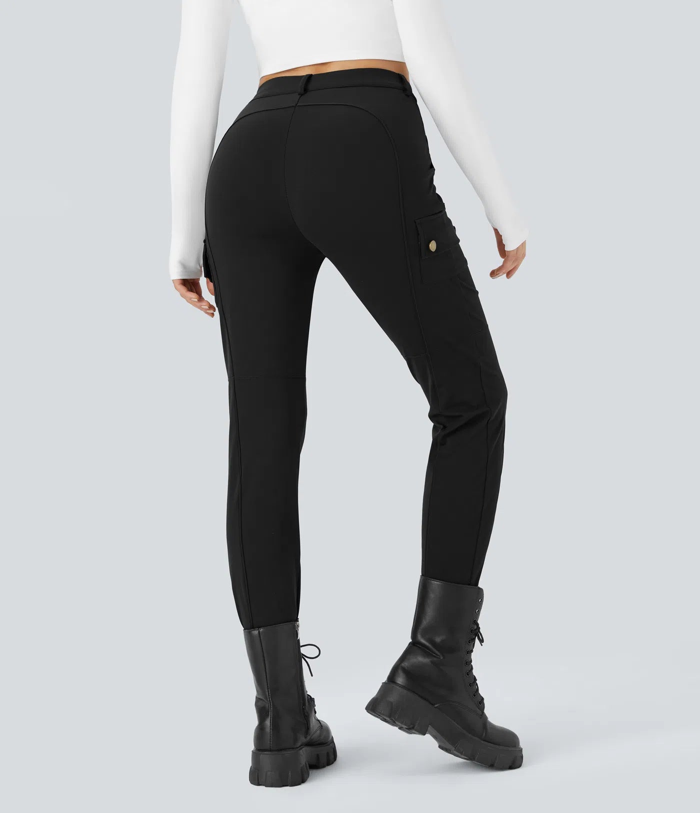 High Waisted Button Zipper Multiple Pockets Solid Skinny Cargo Pants - Black