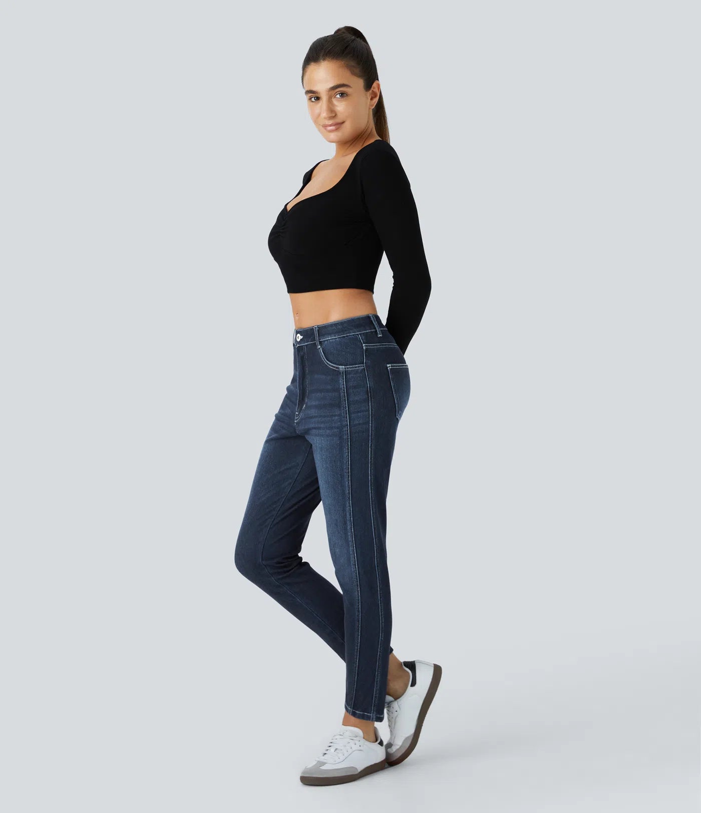 Mid Low Rise Button Zipper Multiple Pockets Stretchy Knit Casual Skinny Jeans - Paint Blue Denim
