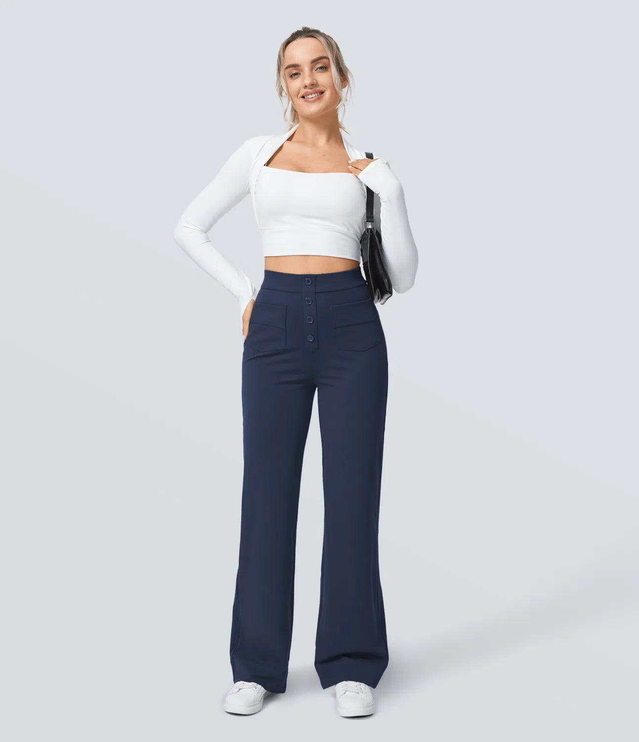 High Waisted Button Multiple Pockets Straight Leg Casual Pants - Navy