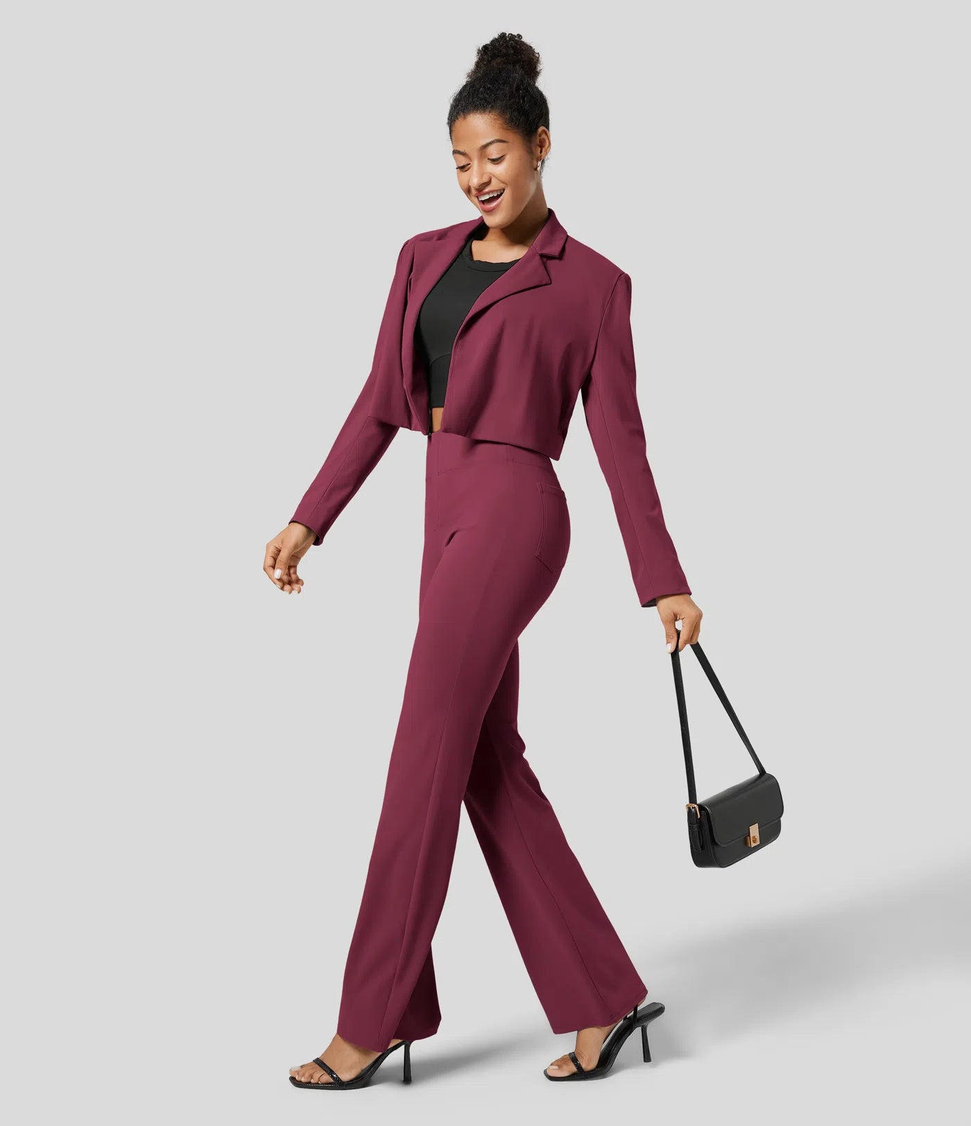 High Waisted Back Pocket Flare Work Pants - Wine