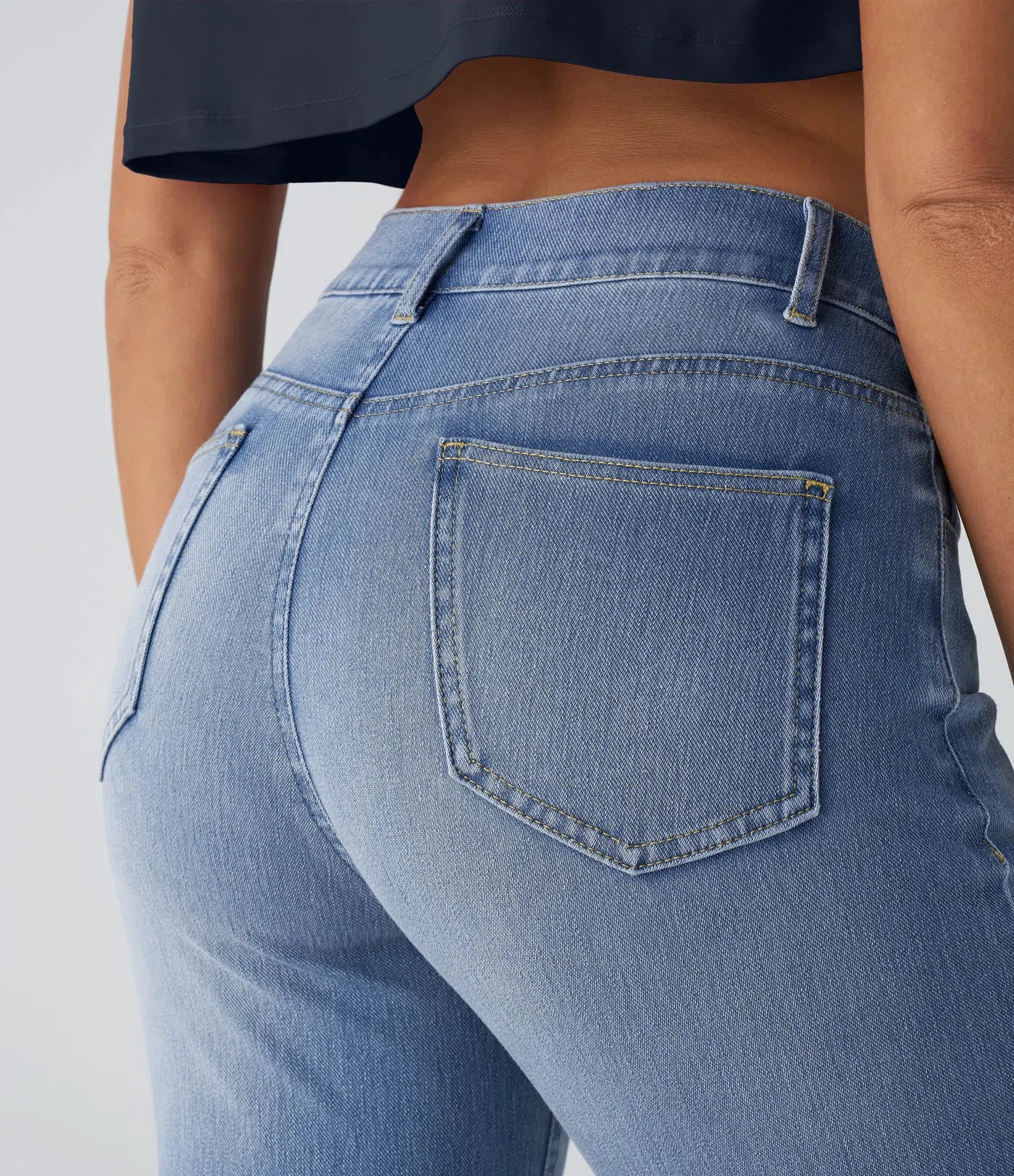 High Waisted Straight Stretchy Knit Casual Jeans - Sea Blue Denim