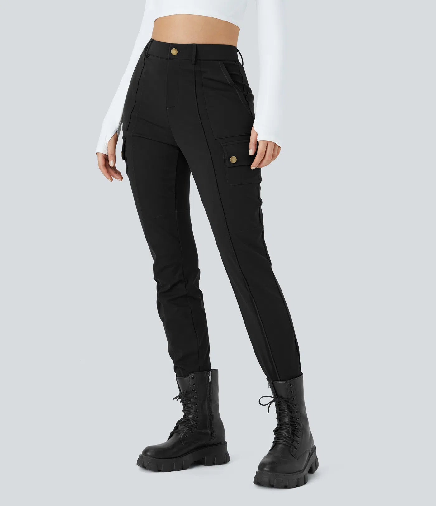 High Waisted Button Zipper Multiple Pockets Solid Skinny Cargo Pants - Black