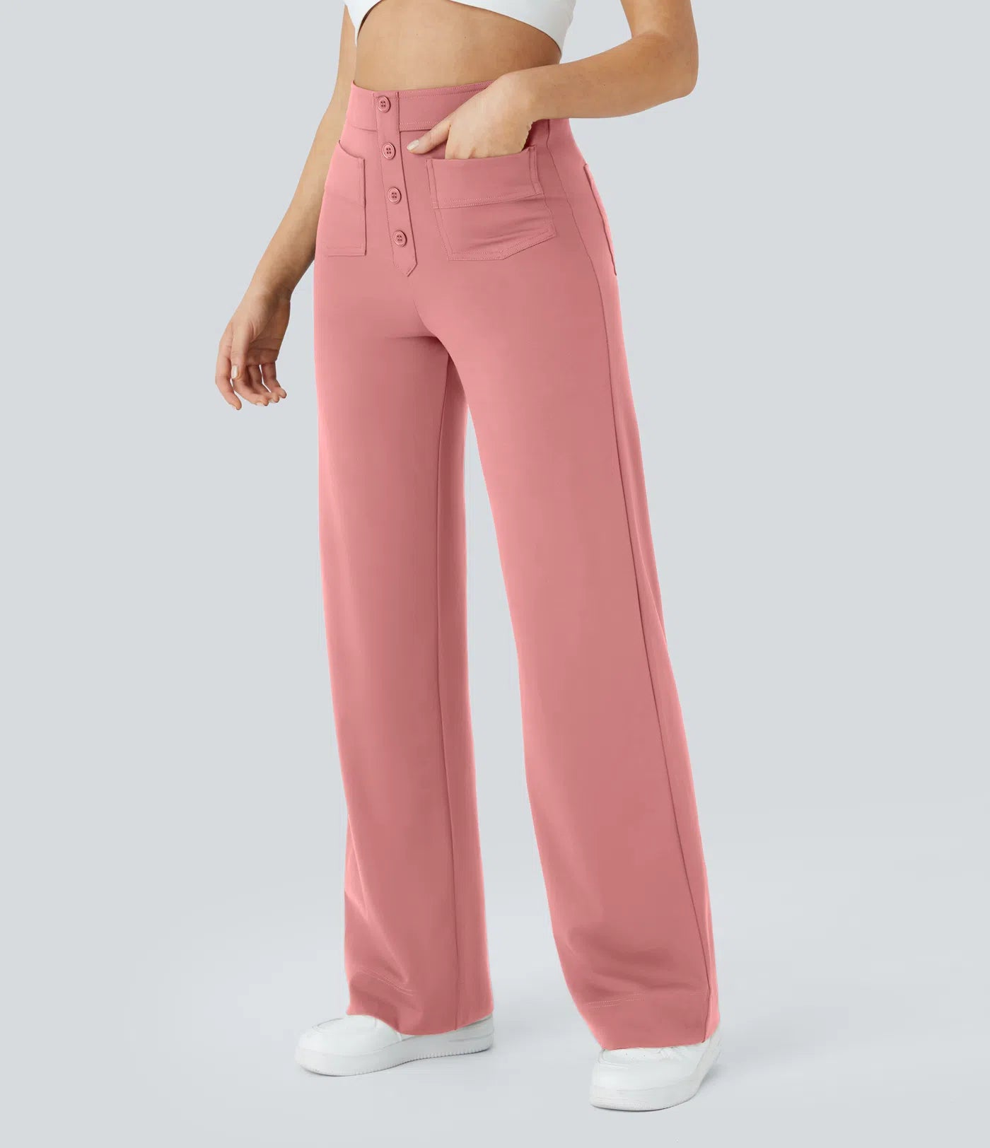 High Waisted Button Multiple Pockets Straight Leg Casual Pants - Pink
