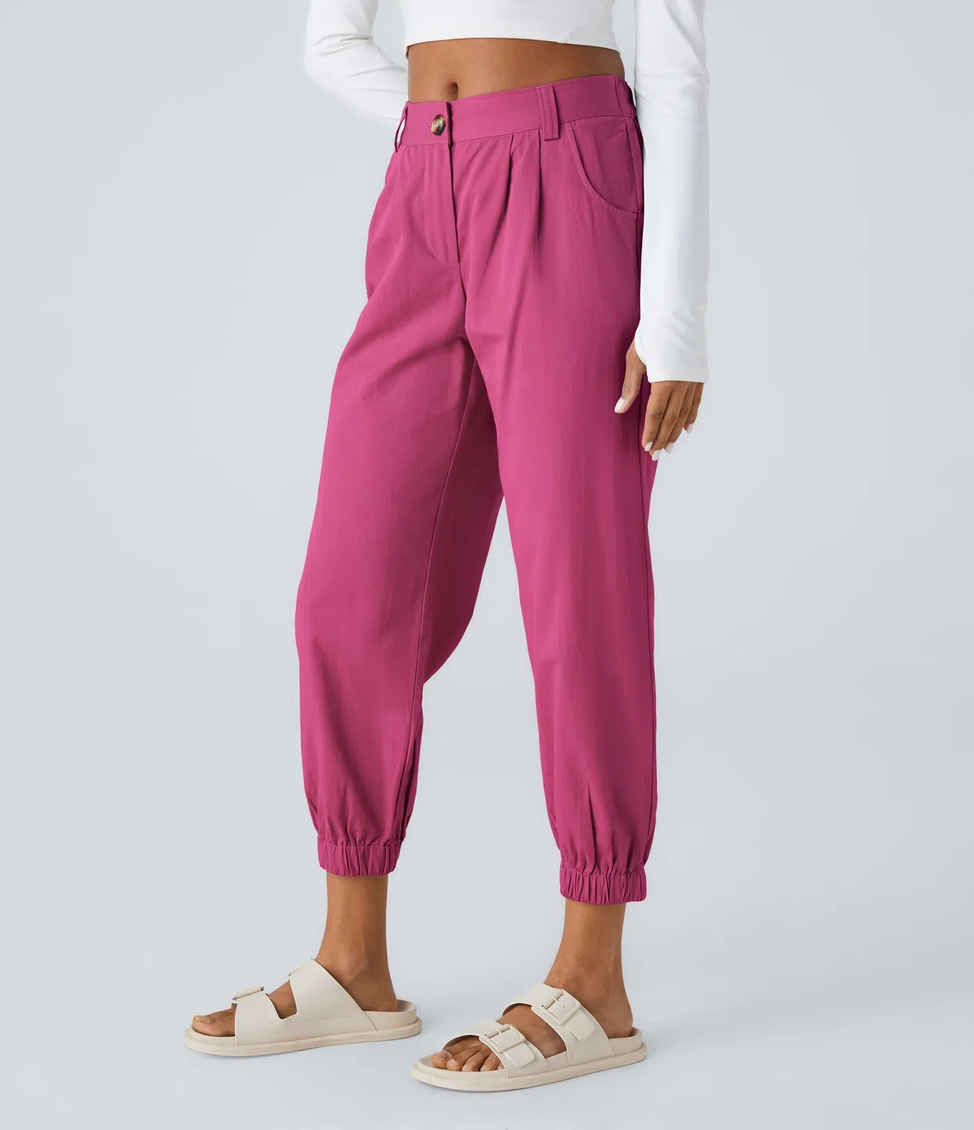 Mid Rise Button Zipper Women Casual Pants - Pink