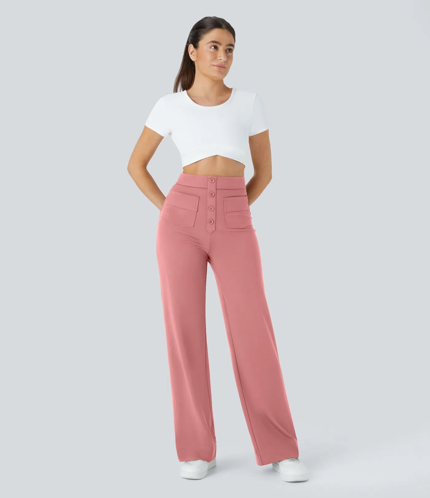 High Waisted Button Multiple Pockets Straight Leg Casual Pants - Pink