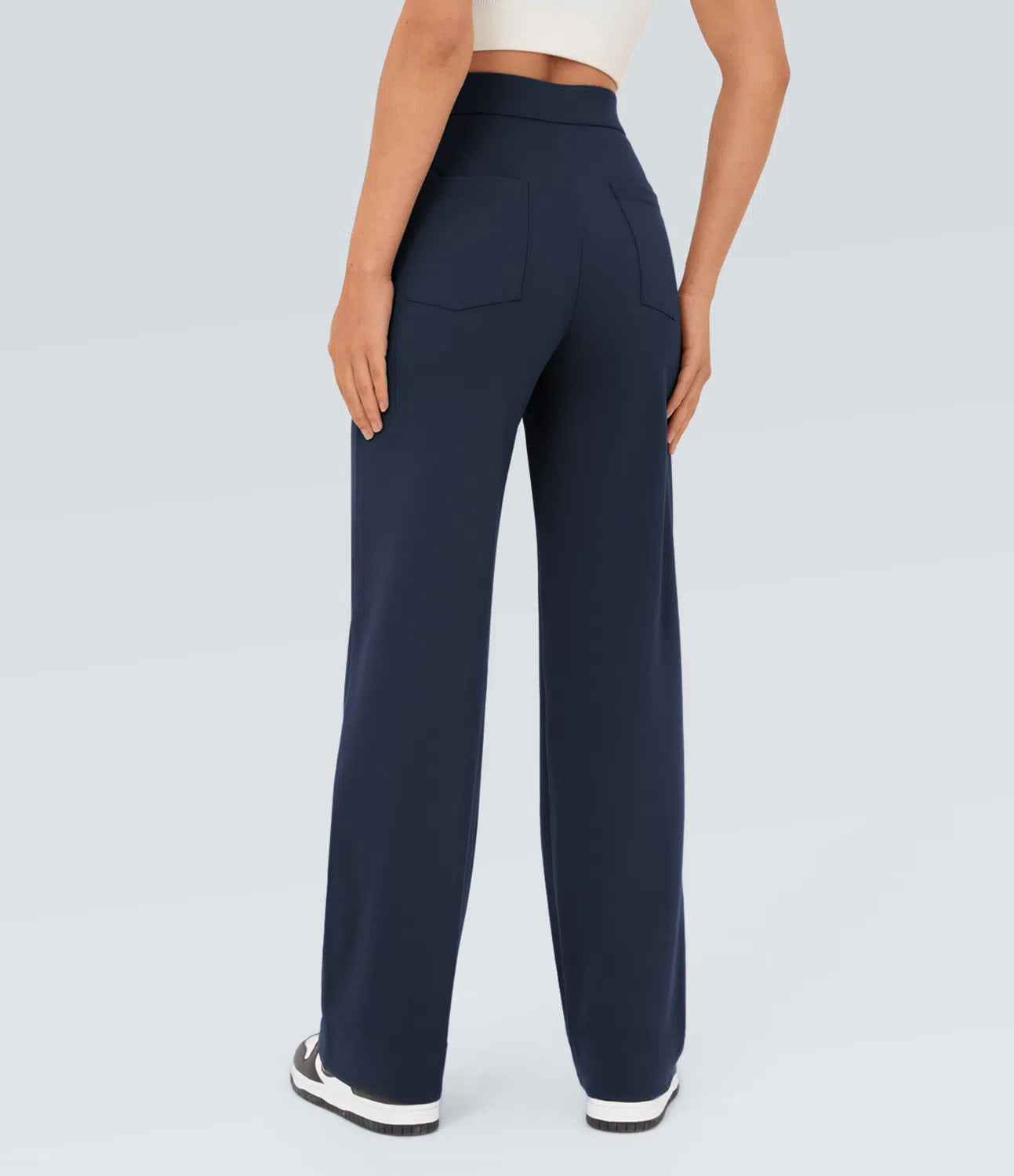 High Waisted Button Multiple Pockets Straight Leg Casual Pants - Navy
