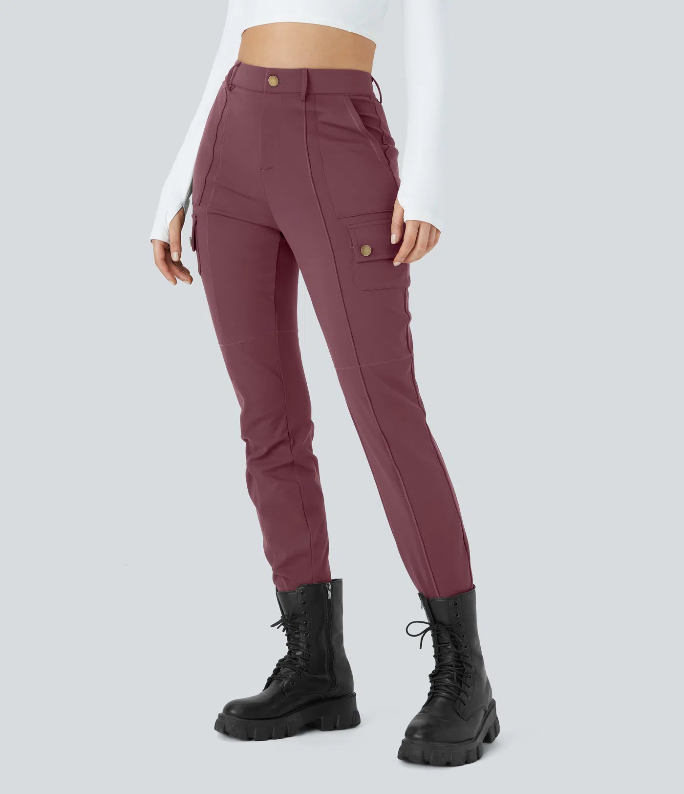 High Waisted Button Zipper Multiple Pockets Solid Skinny Cargo Pants - Wine