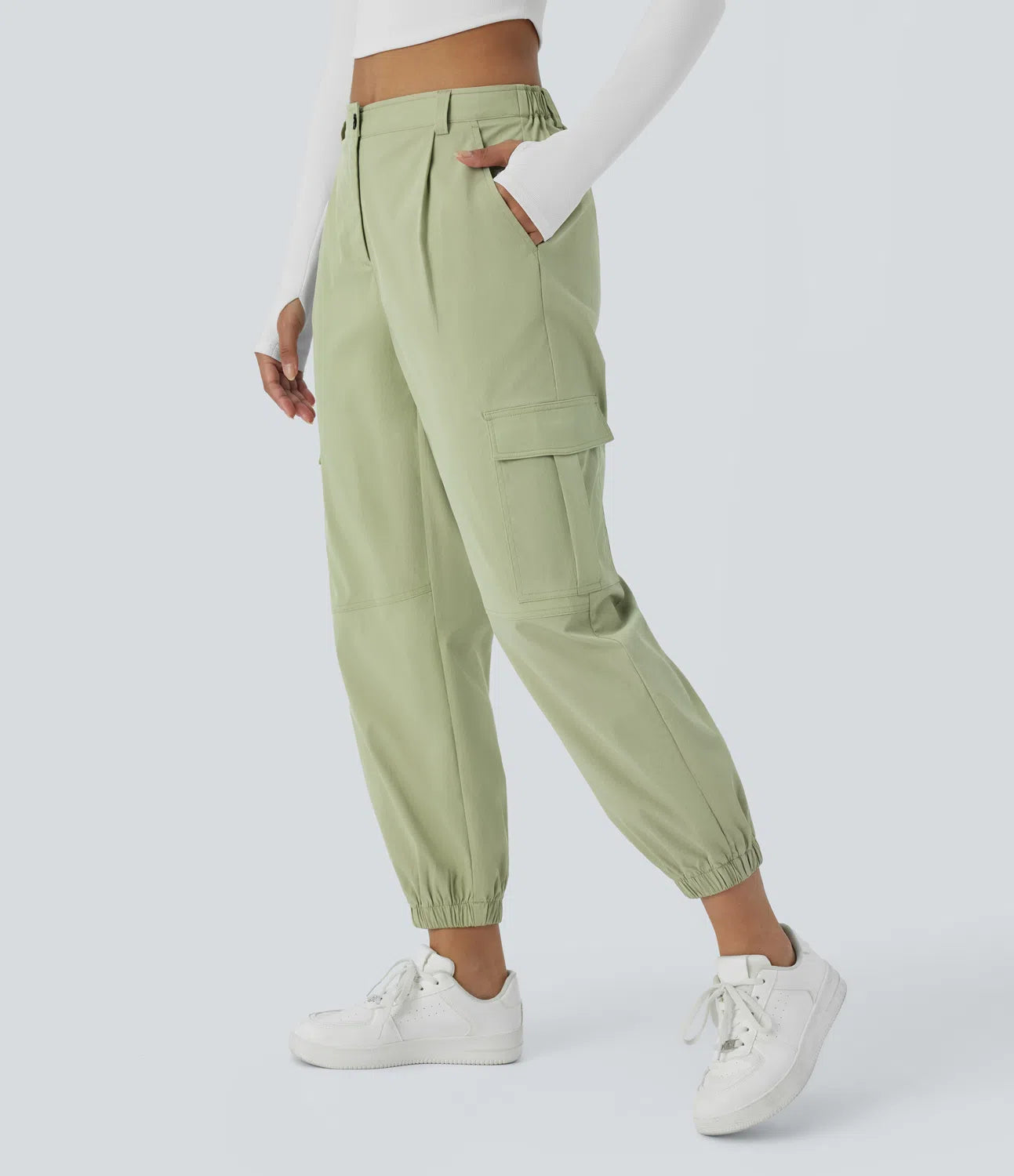 Mid Rise Button Zipper Multiple Pockets Casual Cargo Joggers - Green