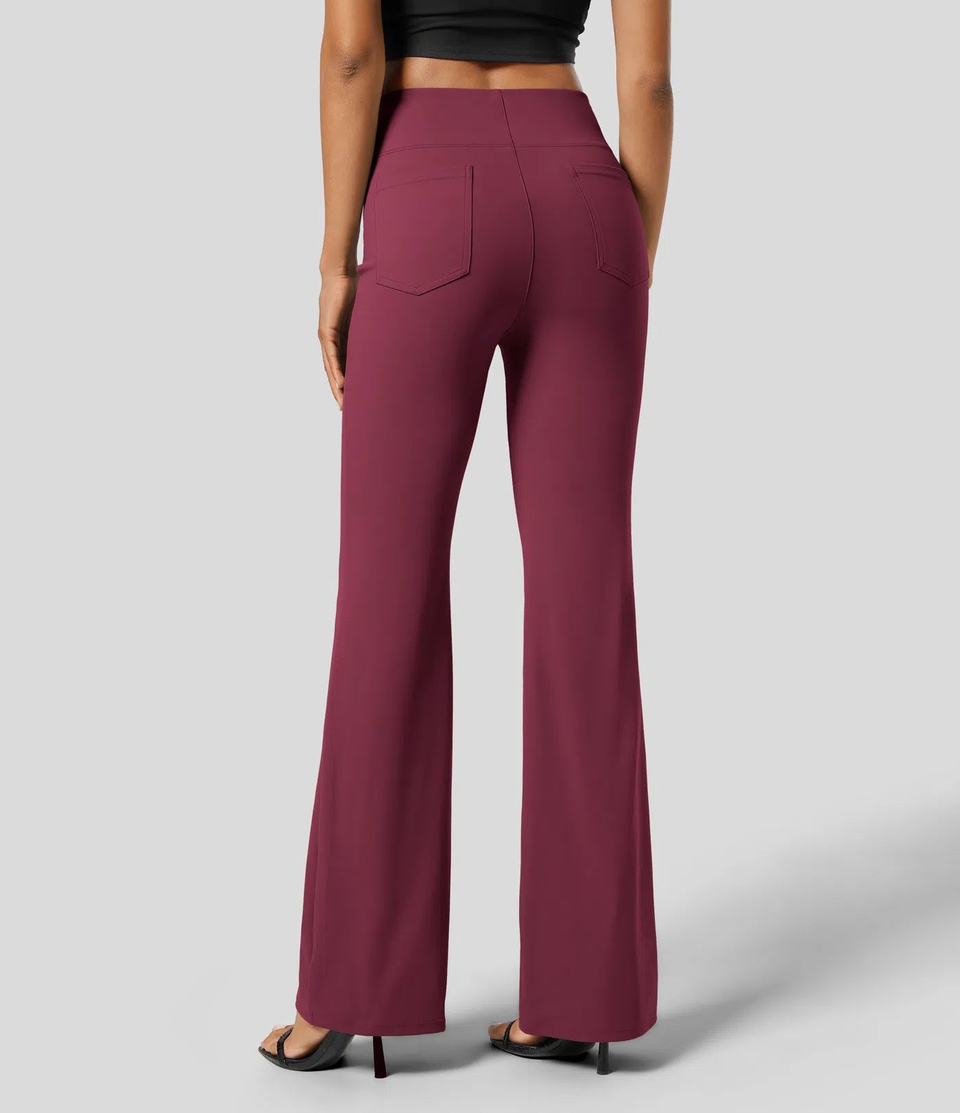 High Waisted Back Pocket Flare Work Pants - Wine