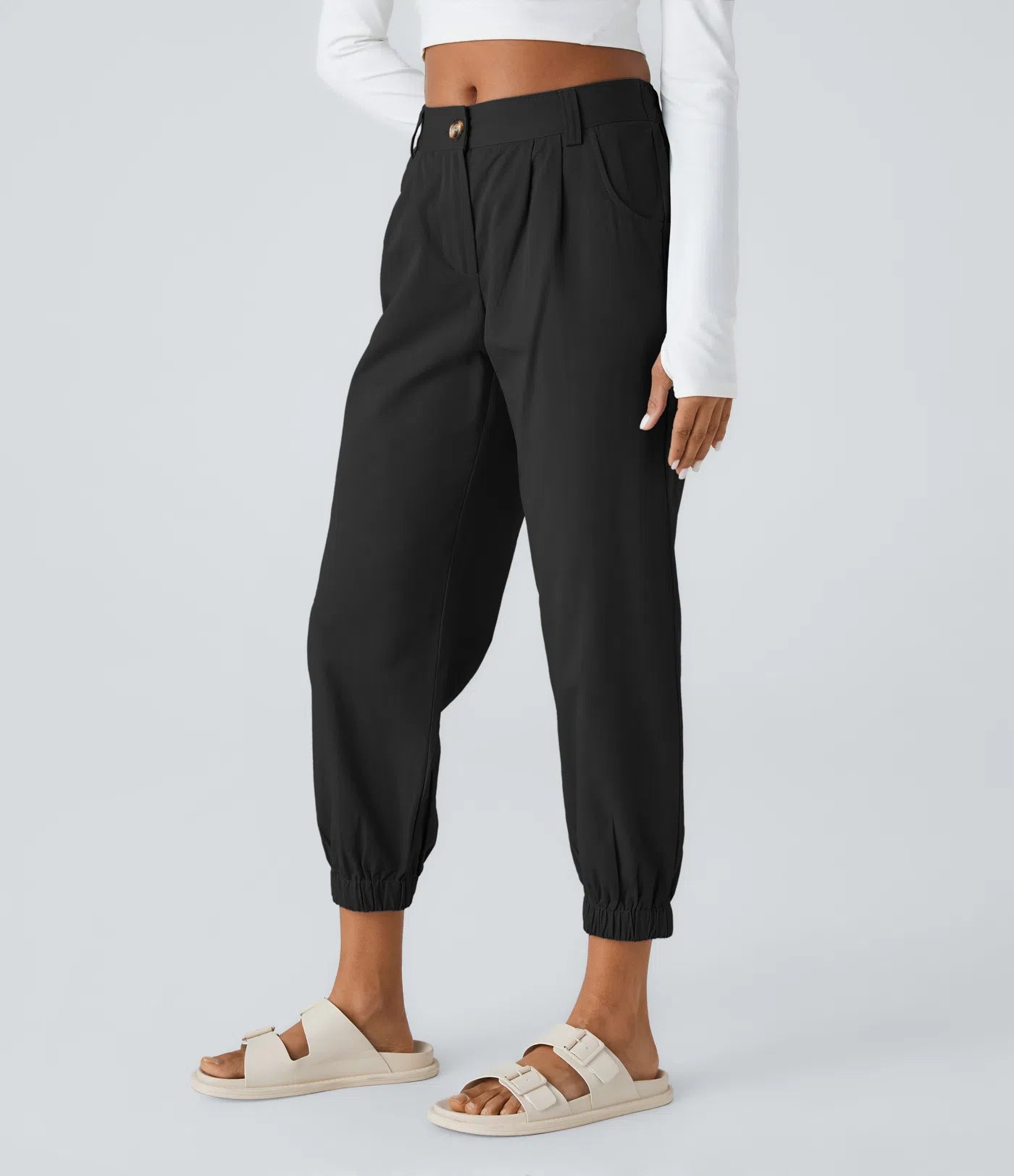 Mid Rise Button Zipper Women Casual Pants - Black